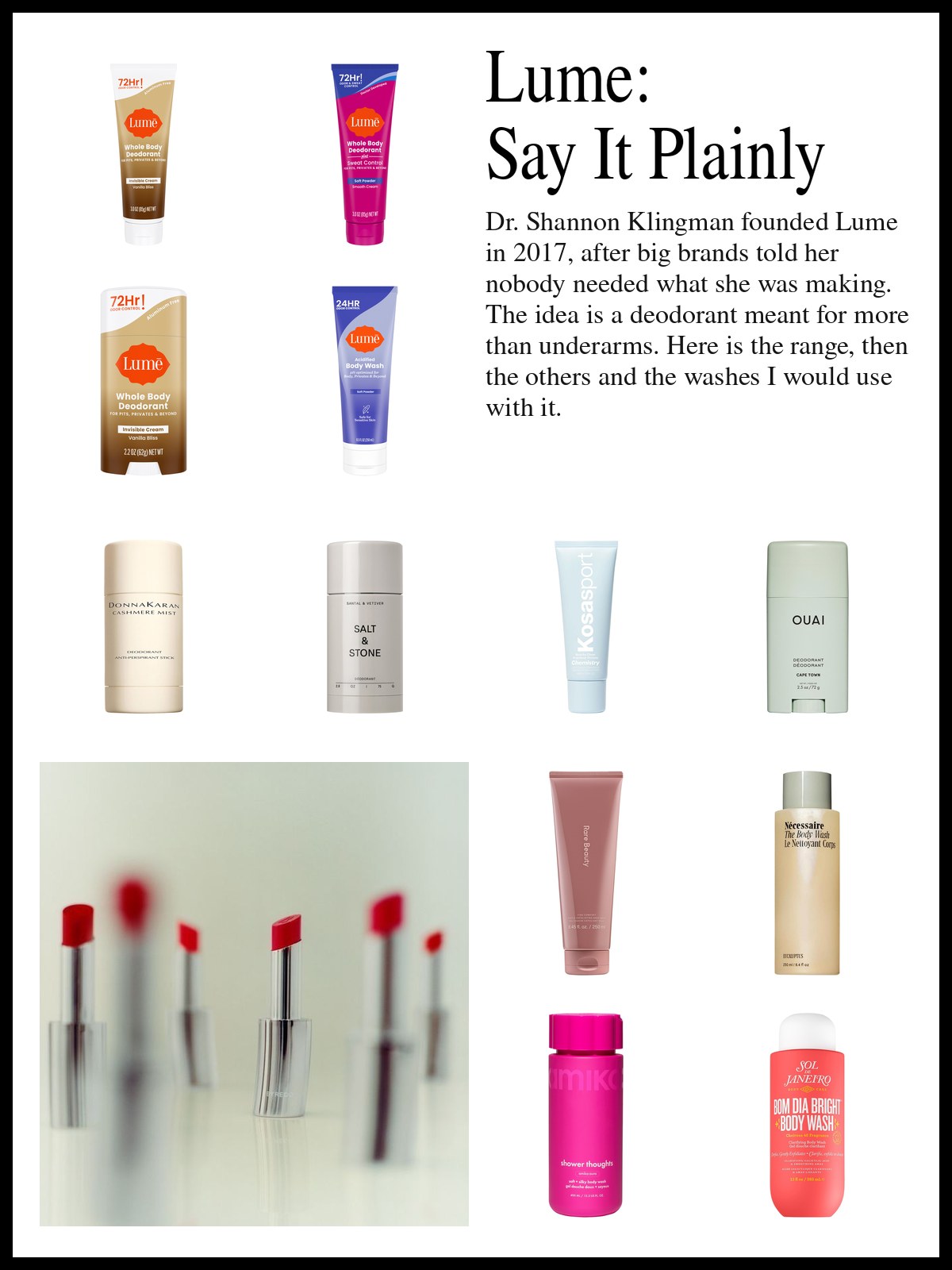 Collage of Lume deodorant tubes and sticks, other deodorants and body washes beside a soft-focus photo of red lipsticks in silver cases standing on a glossy pale surface, one sharp in the center and the rest blurred.