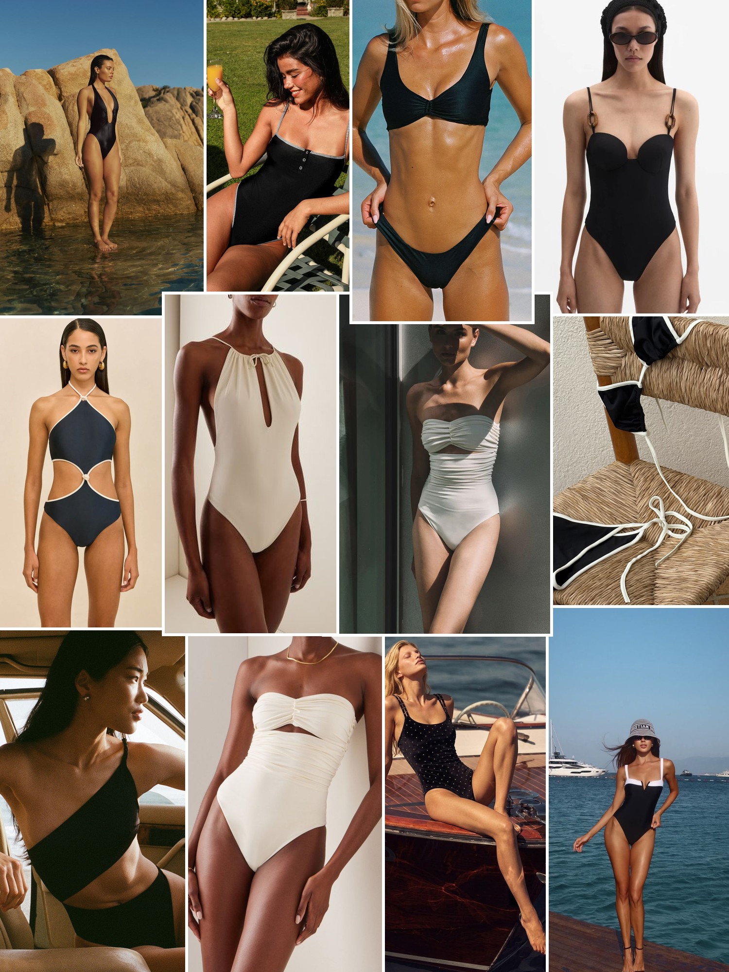 Collage of swimwear on sunlit beaches and by the water, in the spirit of Moré Noir