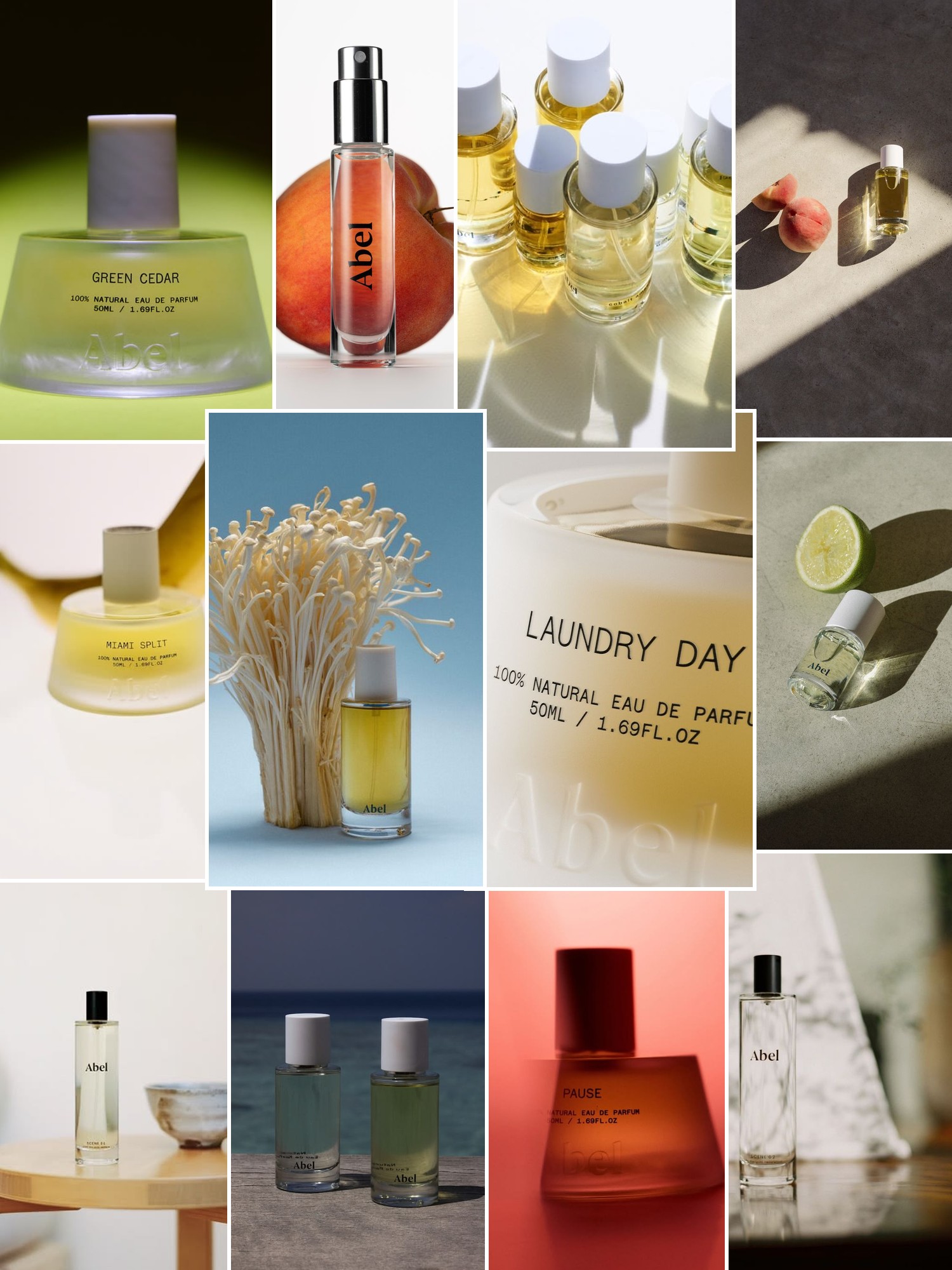 Collage of campaign images, textures and rituals that capture the Abel mood