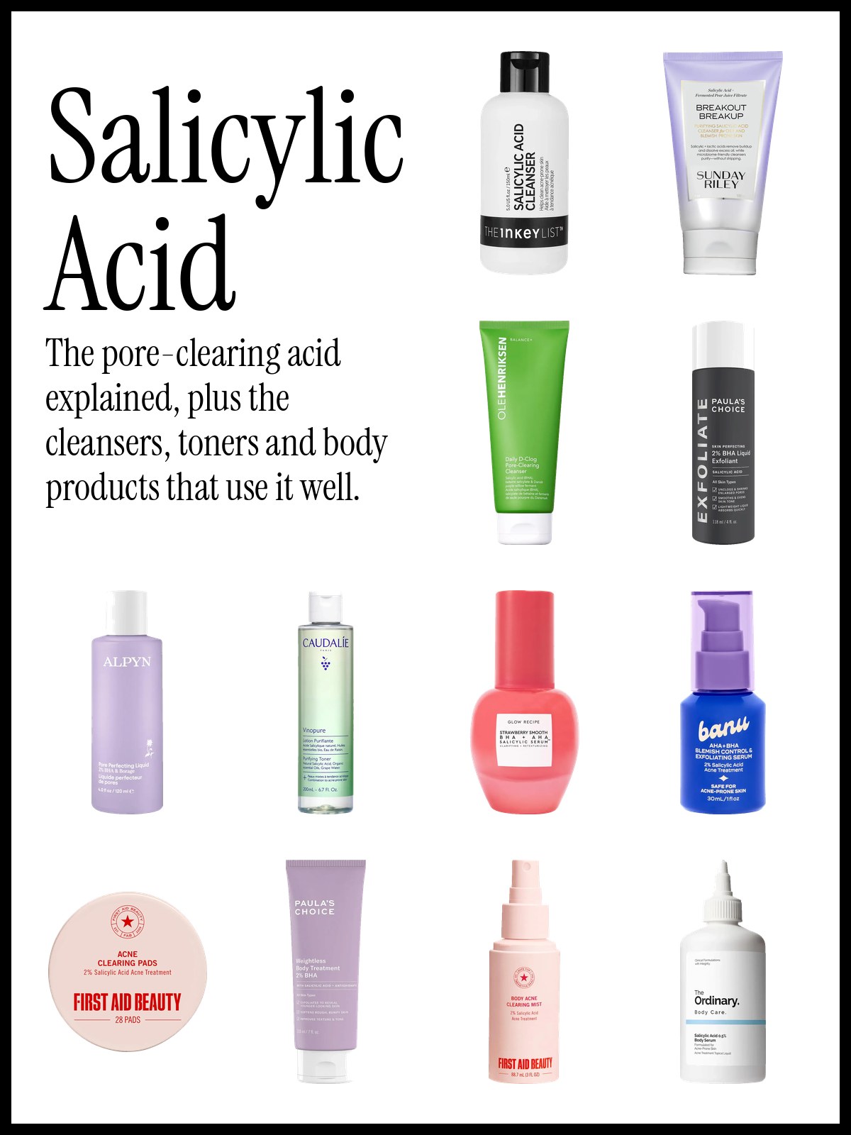 Collage of salicylic acid cleansers, toners, serums and patches from Paula's Choice, The Ordinary and Kiehl's