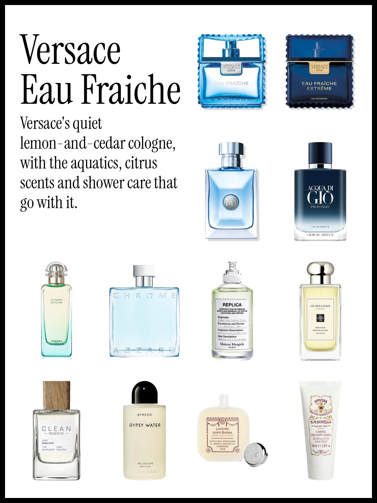 Collage of Versace Man Eau Fraiche, Eau Fraiche Extreme and Pour Homme with Acqua di Giò Profondo, Azzaro Chrome, Margiela Under the Lemon Trees and Byredo Gypsy Water Body Wash