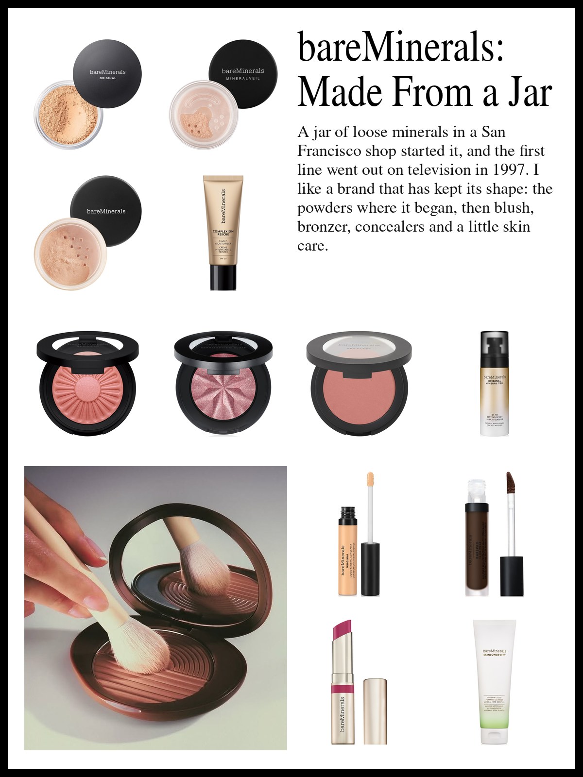 Collage of bareMinerals powders, blushes, concealers and lip care beside a photo of a hand sweeping a soft white brush across a round, glossy brown compact with a ridged, arched design and a mirror in its lid.