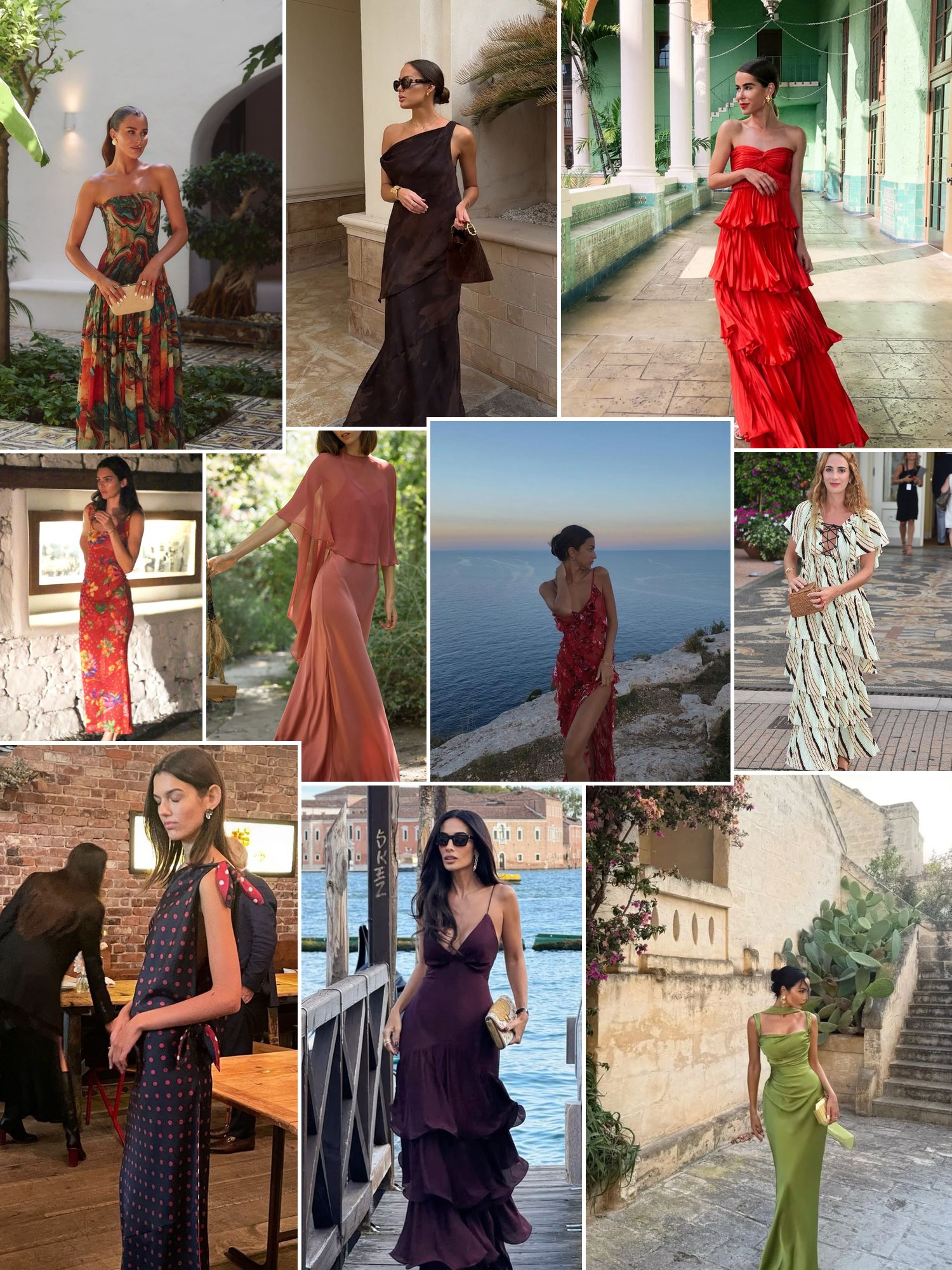 Street style collage of wedding guests in silk midi dresses and block heels in Italy