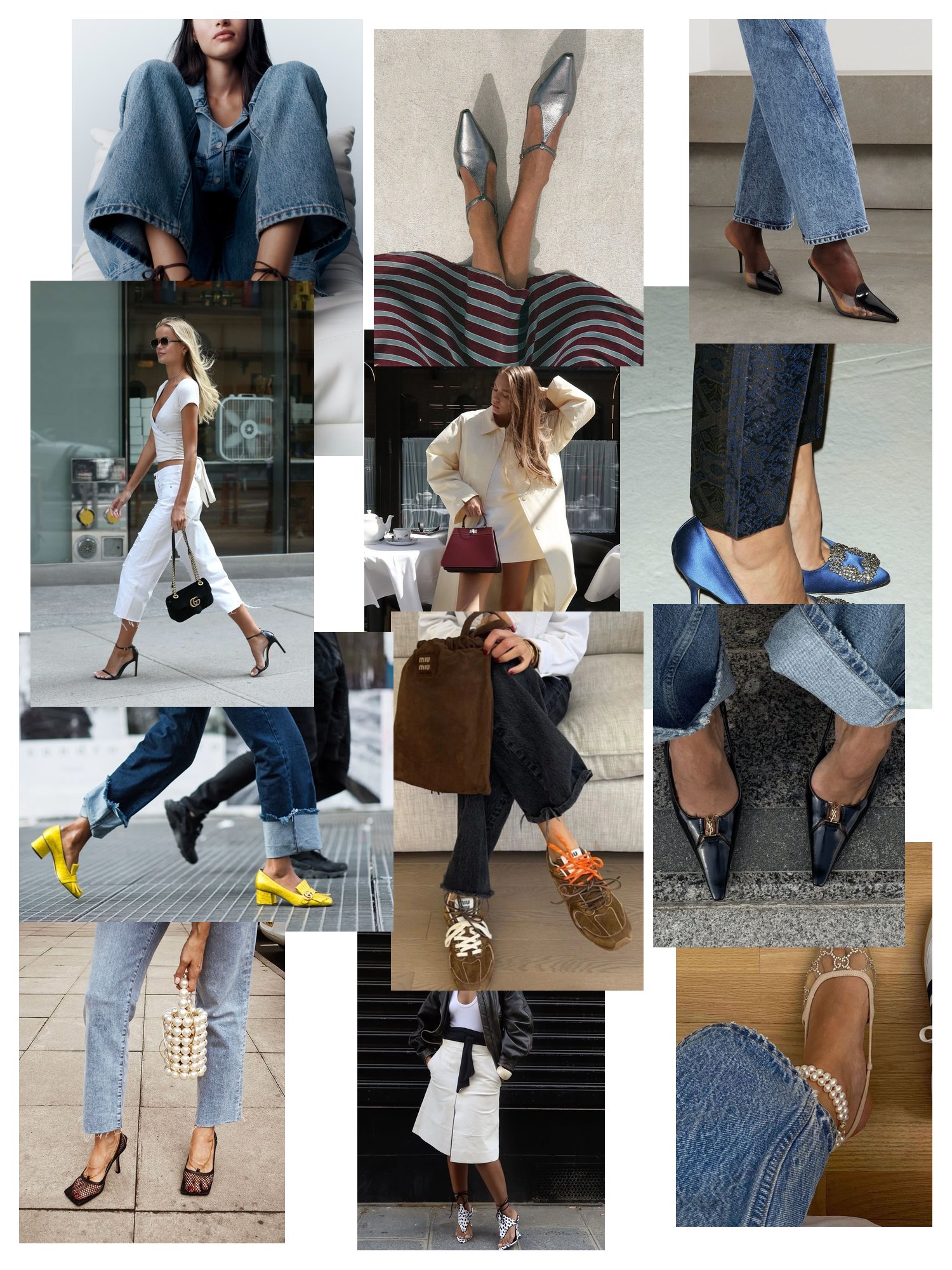 Street-style collage of 12 outfit photos featuring designer shoes, scattered and overlapping
