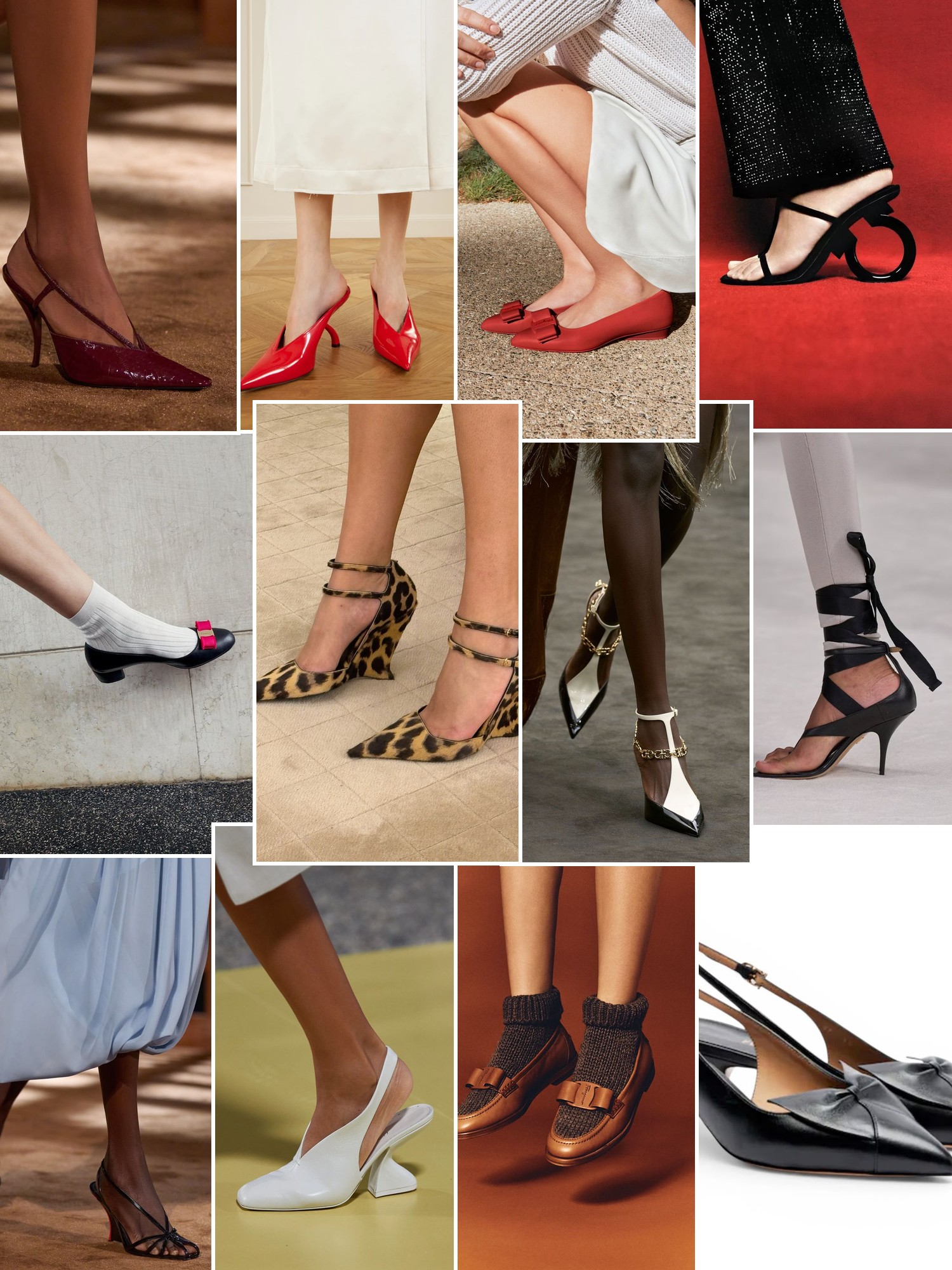 Collage of shoes styled with city, runway and evening outfits that capture the Ferragamo mood