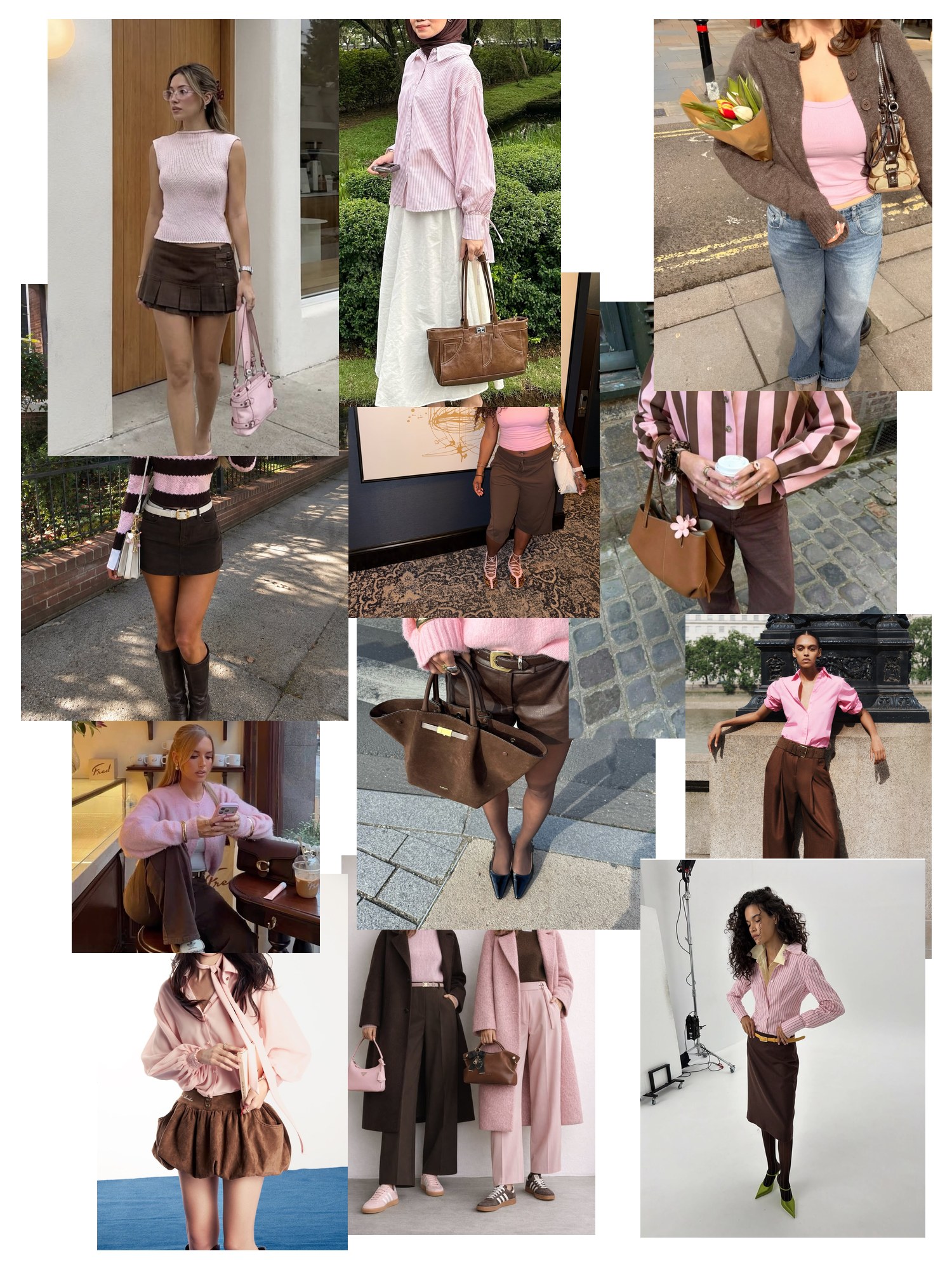 Collage of twelve street-style photos of women wearing pink and brown outfits, scattered and overlapping on white