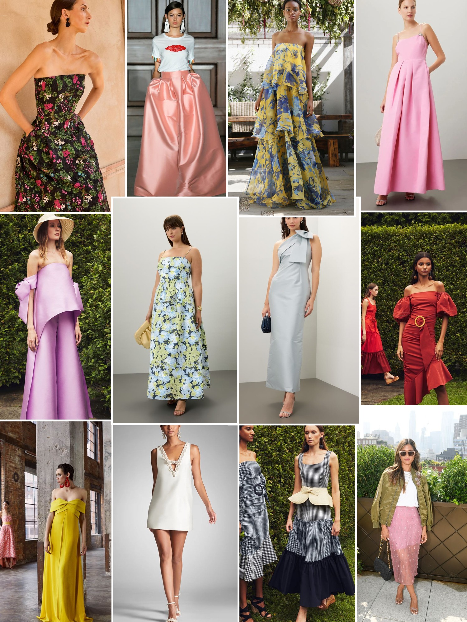 Collage of occasion dresses in florals and soft pastels, with bright gowns and garden settings.