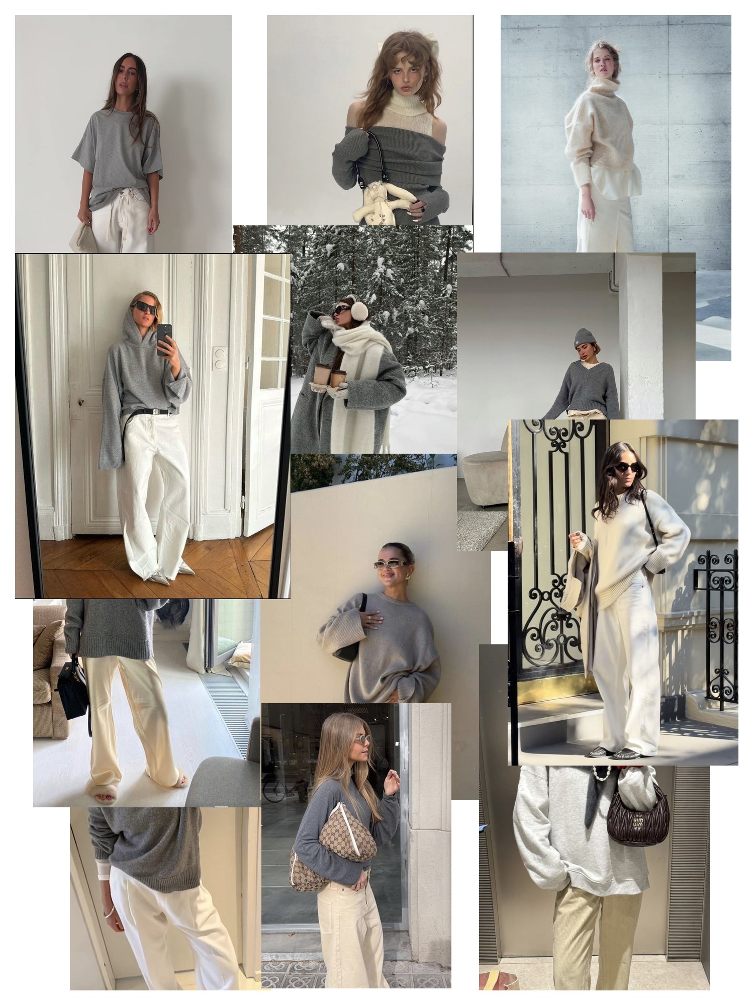 Collage of twelve street-style photos of women wearing cream and gray outfits, scattered and overlapping on white