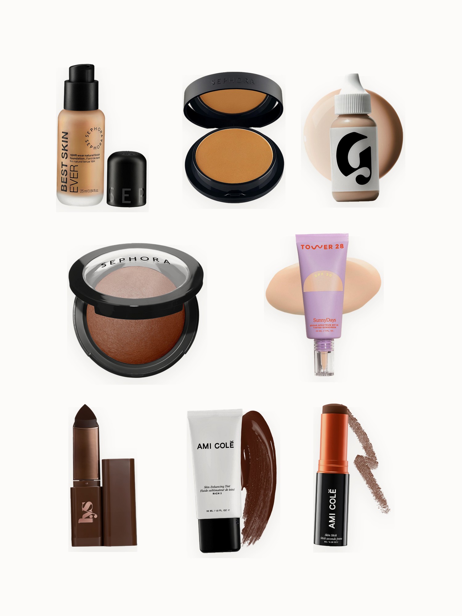 Flat lay of liquid foundations, powder foundations, skin tints and foundation sticks on an off-white background