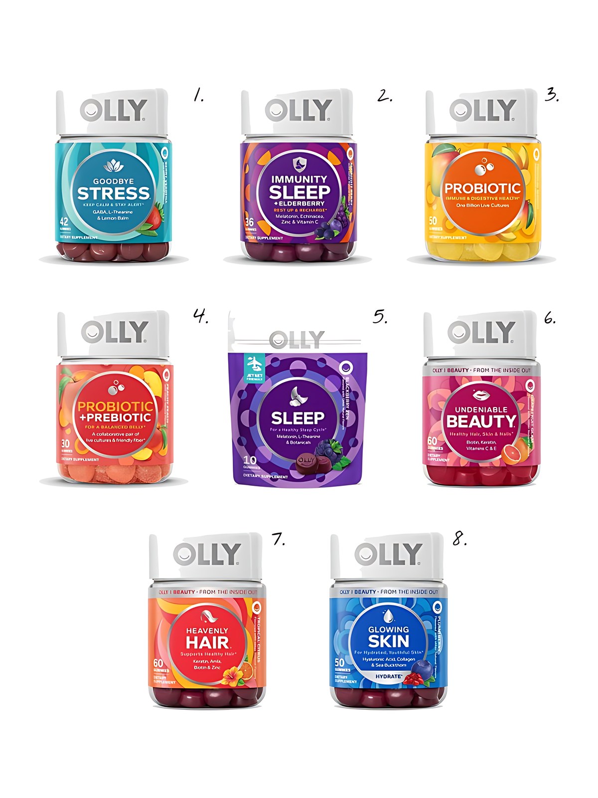 Numbered collage: 1. OLLY Goodbye Stress Gummies, Berry Verbena, 42 Count; 2. OLLY Immunity Sleep Gummies, Elderberry, 36 Gummies; 3. OLLY Probiotic Gummy, Tropical Mango, 50 Gummies; 4. OLLY Probiotic + Prebiotic Gummies, Peach, 30 Count; 5. OLLY 3mg Melatonin Sleep Gummies, Blackberry Zen, 50ct; 6. OLLY Undeniable Beauty Multivitamin Gummies for Hair, Skin & Nails, Grapefruit Glam, 60ct; 7. OLLY Heavenly Hair Supplement Gummies with Keratin, Amla, Biotin & Minerals, 60ct; 8. OLLY Glowing Skin Collagen Chewable Gummies, Berry, 50ct