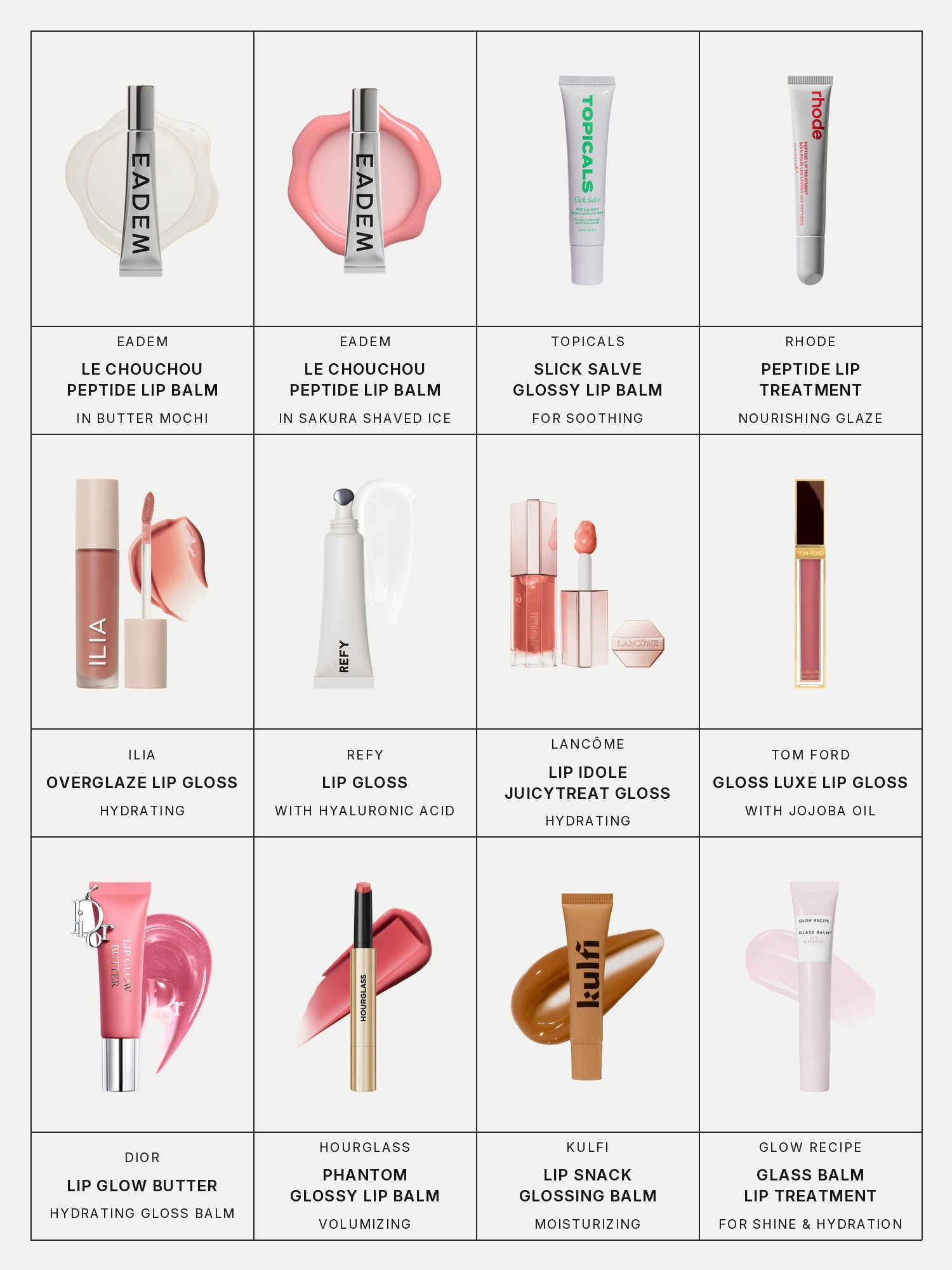 Twelve boxes on a pale grey page, one for each product in this edit, each with its brand and name printed below: Eadem Le Chouchou Peptide Daily Lip Balm in Butter Mochi, Eadem Le Chouchou Peptide Daily Lip Balm in Sakura Shaved Ice, Topicals Slick Salve Glossy Lip Balm for Soothing + Hydration, Rhode Peptide Lip Treatment Nourishing Glaze, Ilia Overglaze Hydrating Lip Gloss for 24-Hour Moisture, Refy Lip Gloss with Hyaluronic Acid, Lancôme Lip Idole JuicyTreat Hydrating Lip Gloss, Tom Ford Gloss Luxe Lip Gloss with Hydrating Jojoba Oil & High-Shine, Dior Lip Glow Butter Hydrating Gloss Balm, Hourglass Phantom Volumizing Glossy Lip Balm, Kulfi Lip Snack Moisturizing Glossing Balm and Glow Recipe Glass Balm Lip Treatment for Shine & Hydration.