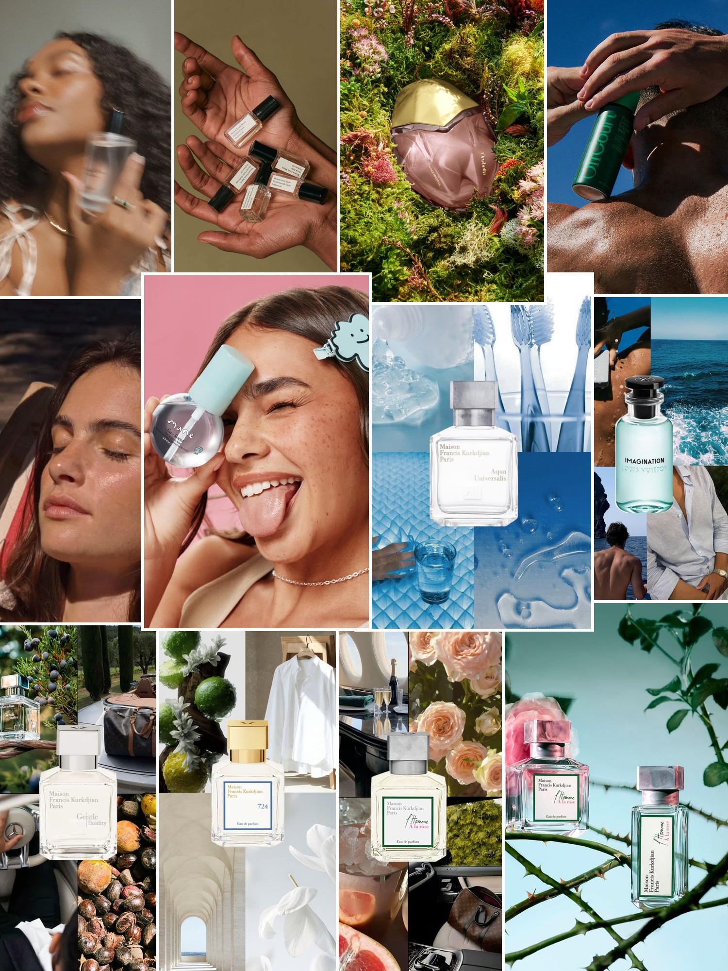 Collage of perfume bottles, floral and aquatic still lifes, intimate fragrance rituals, and soft campaign portraits.