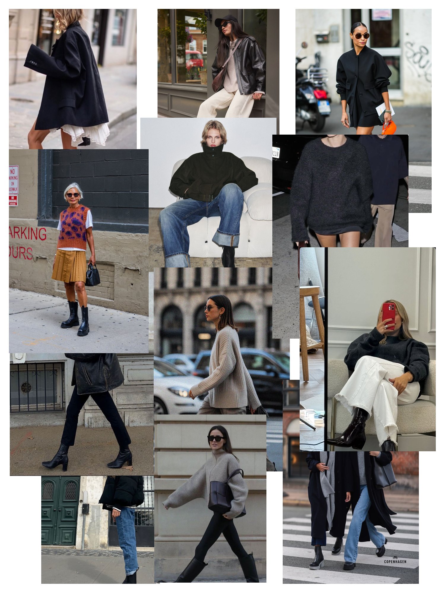 Street-style collage of 12 outfit photos featuring chelsea boots, scattered and overlapping