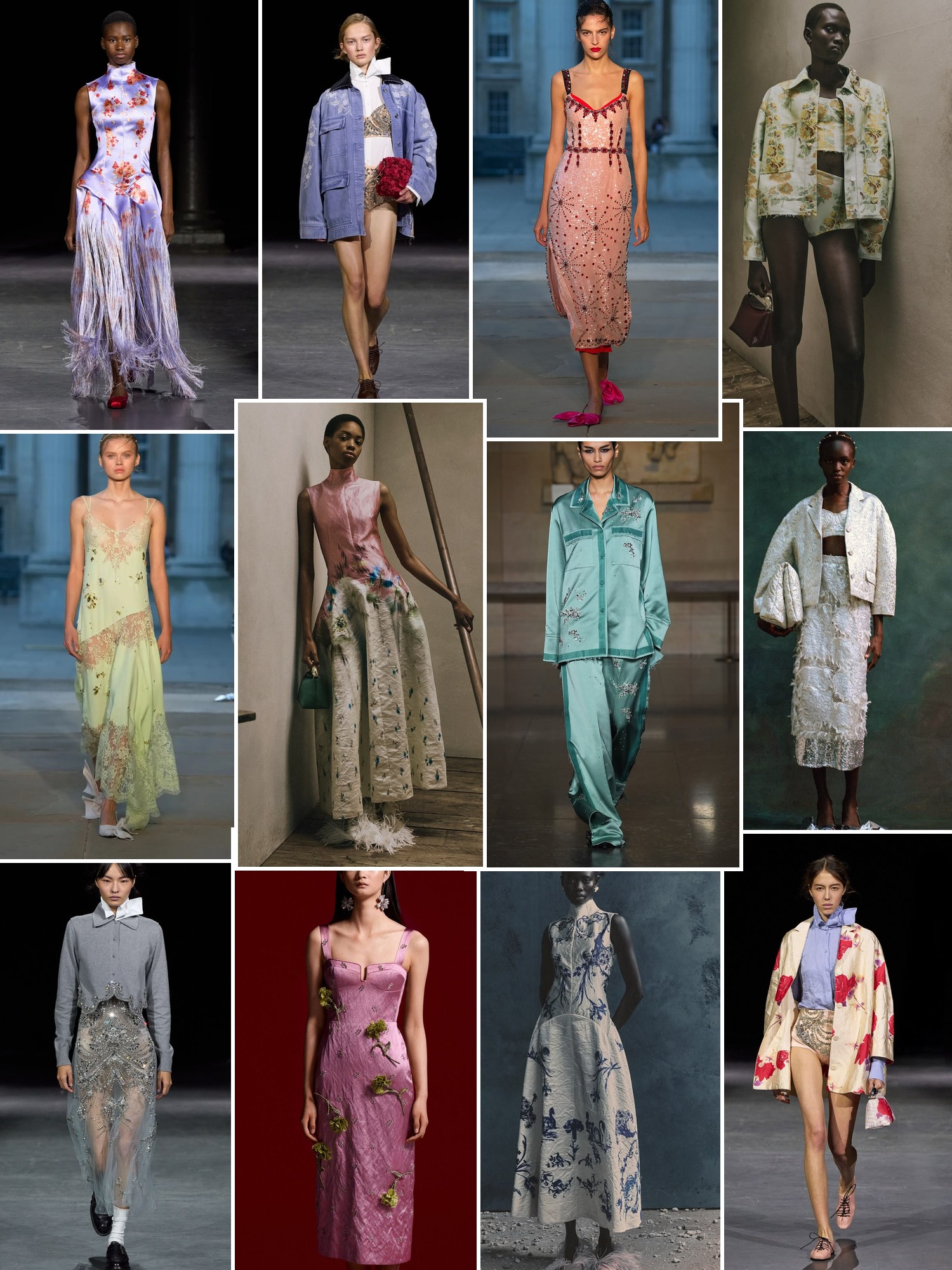 Collage of runway looks, campaign shots and street style outfits that capture the Erdem mood