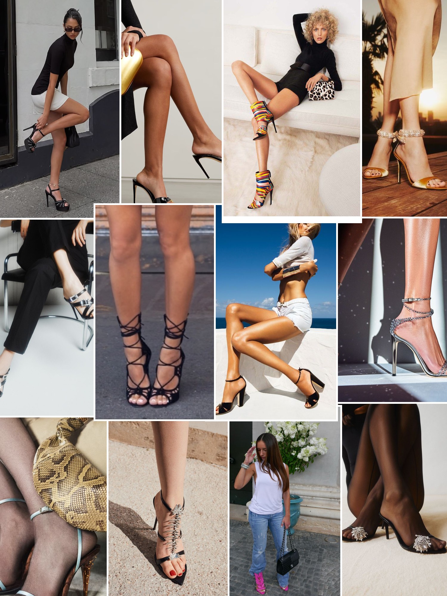 Collage of statement heels and sandals styled with sleek dresses and streetwear outfits.