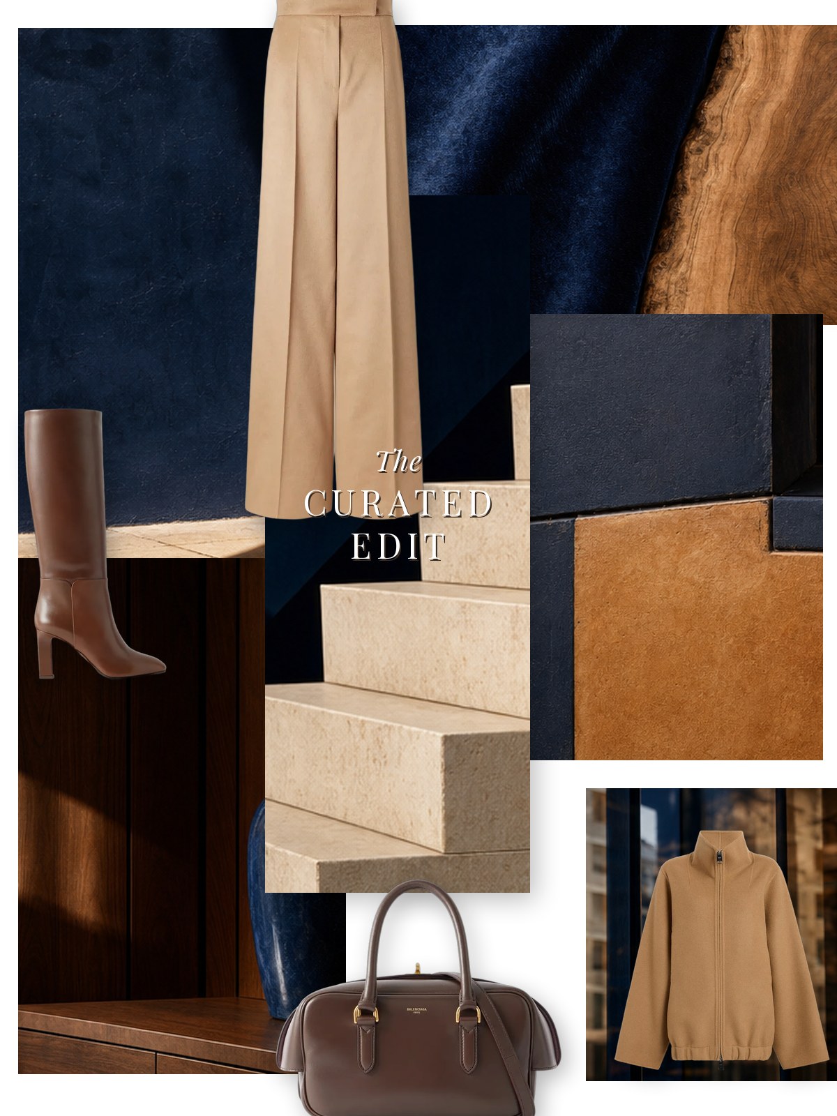 Photo moodboard overlay featuring Garret Jacket in Camel, Camel wool wide-leg pants by Khaite, Max Mara, Balenciaga.