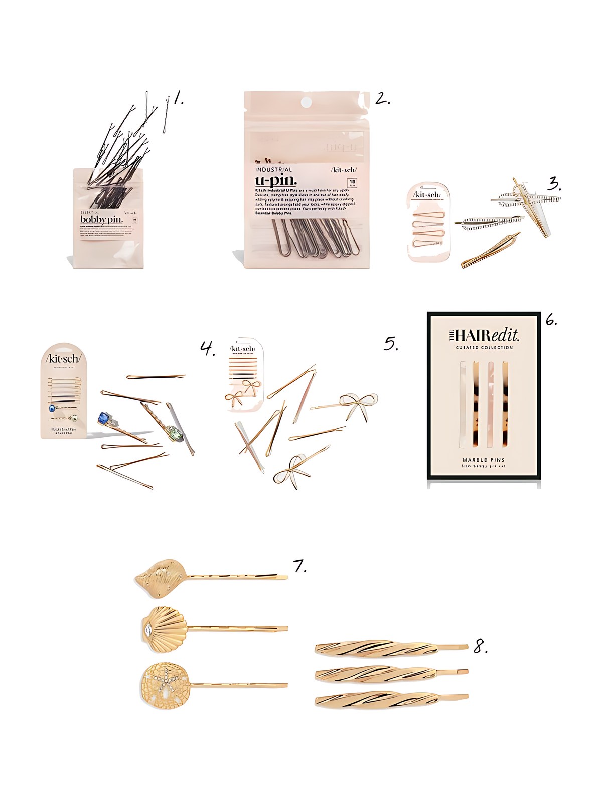 Numbered collage: 1. Kitsch Black Bobby Pins 45pc Set; 2. Kitsch Brown U Pins 18pc Set; 3. Kitsch Metal Rhinestone Drop Bobby Pins 4pc Set - Gold and Silver; 4. Kitsch Garden Bouquet Cloud & Gem Bobby Pins 8pc Set; 5. Kitsch Metal Enamel Puffy & Bow Bobby Pins 8pc Set- Rosewood; 6. The Hair Edit Marble Pins, Pack of 4; 7. Ettika Oceanic Cubic Zirconia Bobby Pins, Set of 3; 8. Ettika Twist Hair Pins, Set of 3