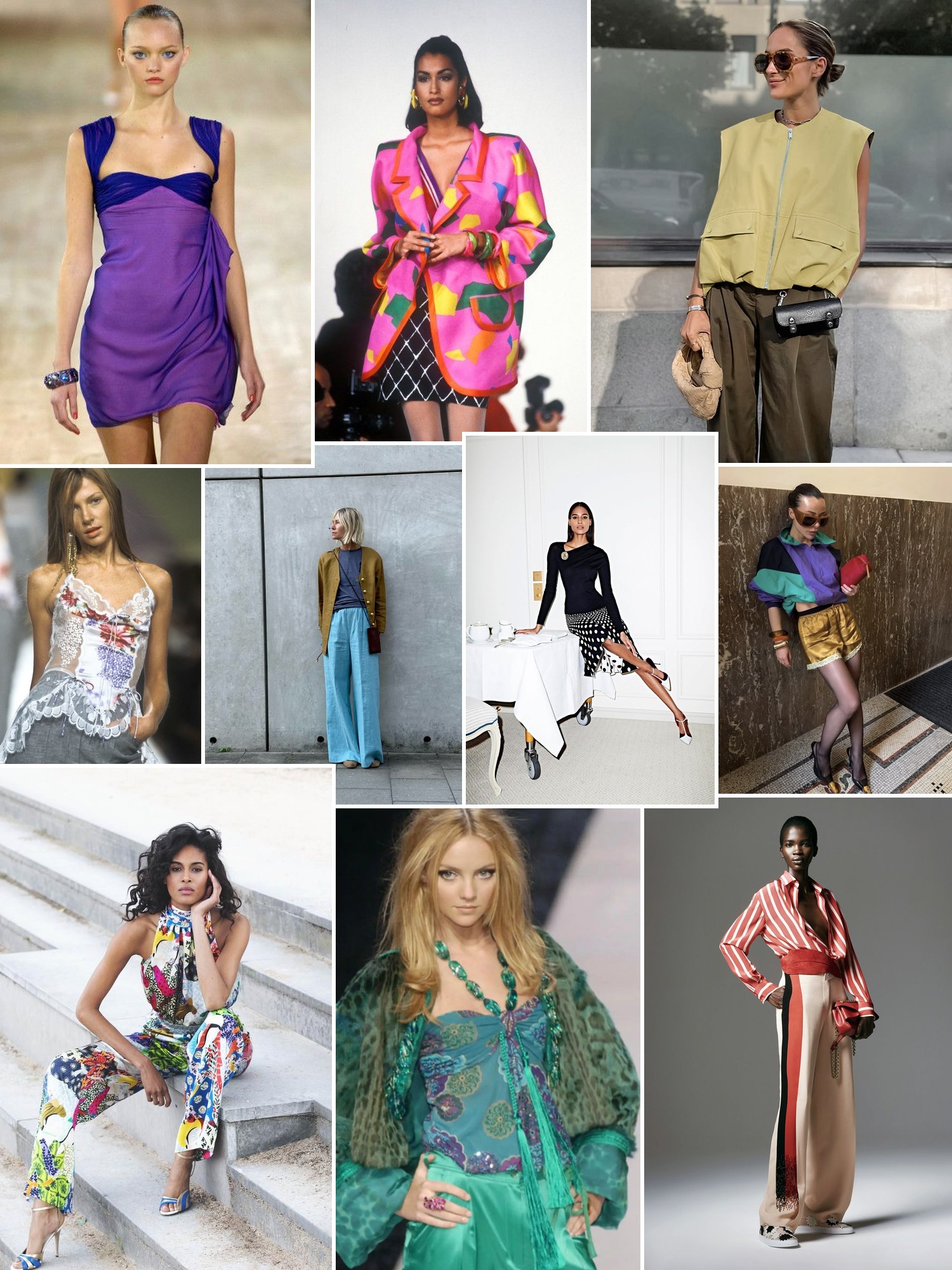 Collage of colorful runway dresses, expressive street style and printed looks.