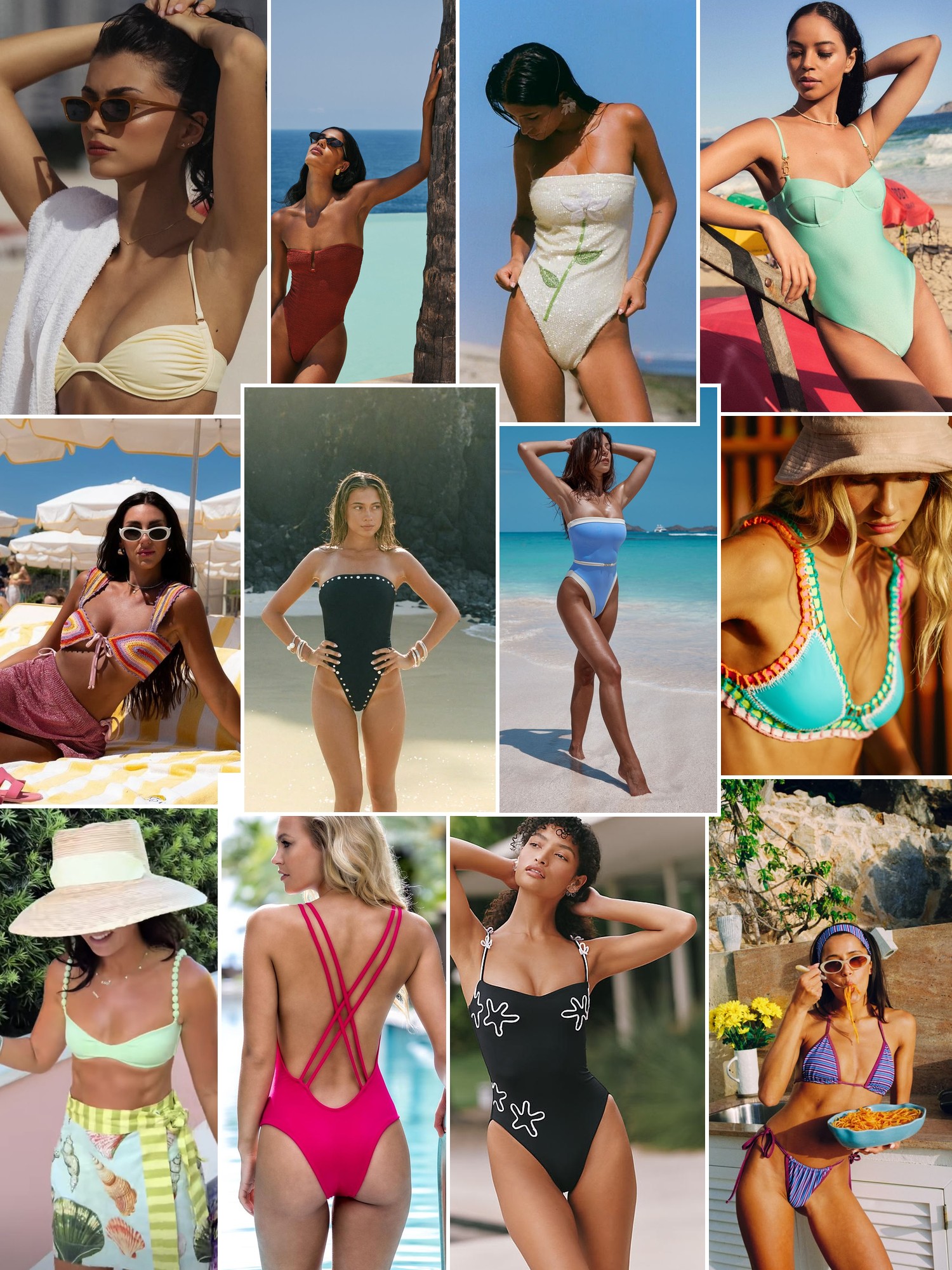 Collage of colorful swimsuits and resort looks by the beach, pool and tropical settings