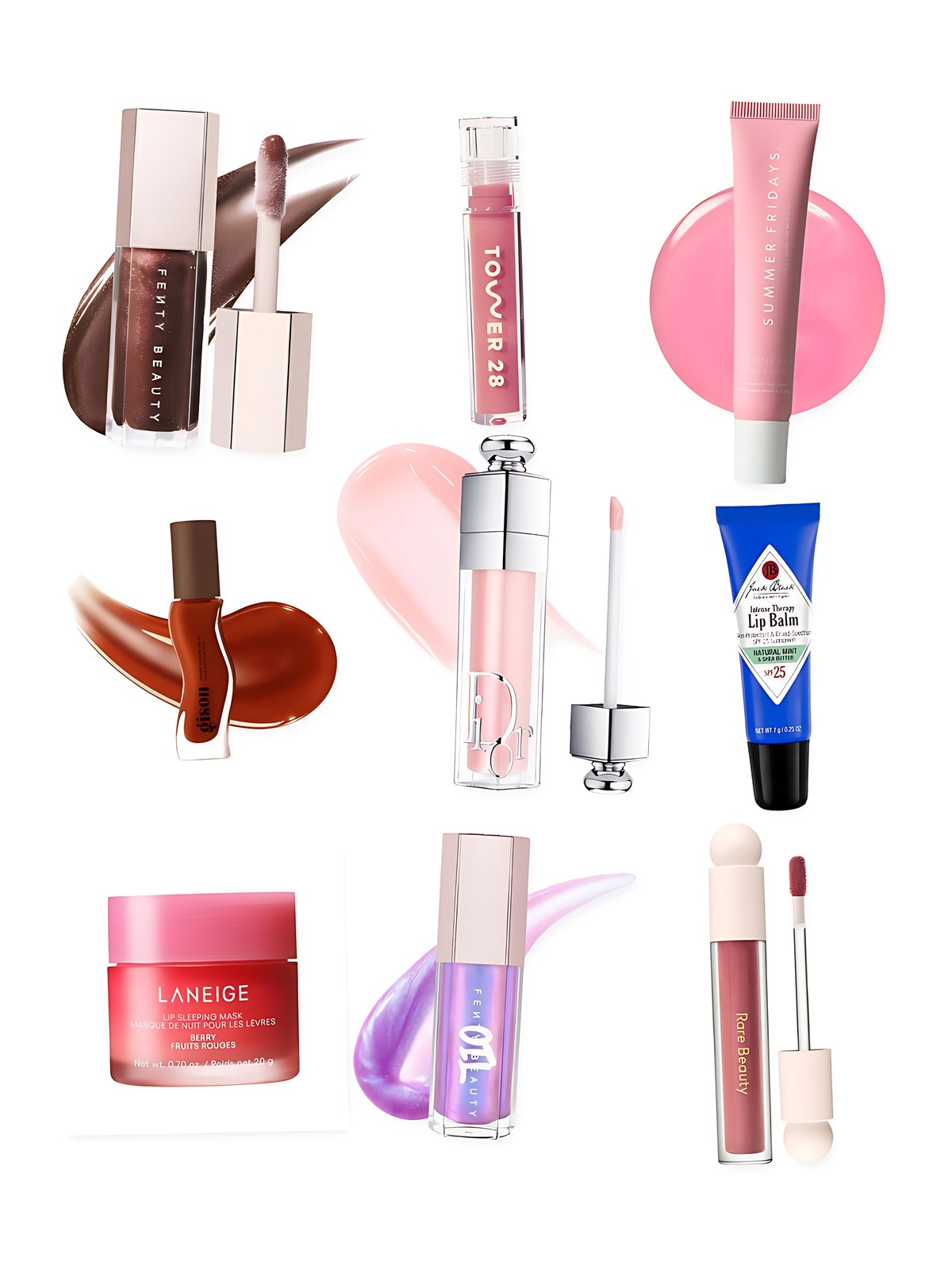 Collage on a white background showing Fenty Beauty by Rihanna Gloss Bomb Universal Lip Gloss Luminizer, Tower 28 Beauty ShineOn Lip Jelly Hydrating Non-Sticky Lip Oil, Laneige Lip Sleeping Mask – Intense Hydration Lip Treatment with Vitamin C, Rare Beauty by Selena Gomez Positive Light Luminizing Lip Gloss, Gisou Honey Infused Hydrating Lip Oil, Summer Fridays Lip Butter Balm Treatment for Hydration + Nourishing Shine, Dior Dior Addict Lip Maximizer Plumping Gloss, Fenty Beauty by Rihanna Gloss Bomb Oil Luminizing Lip Oil 'N Gloss and Jack Black Intense Therapy Lip Balm SPF 25.