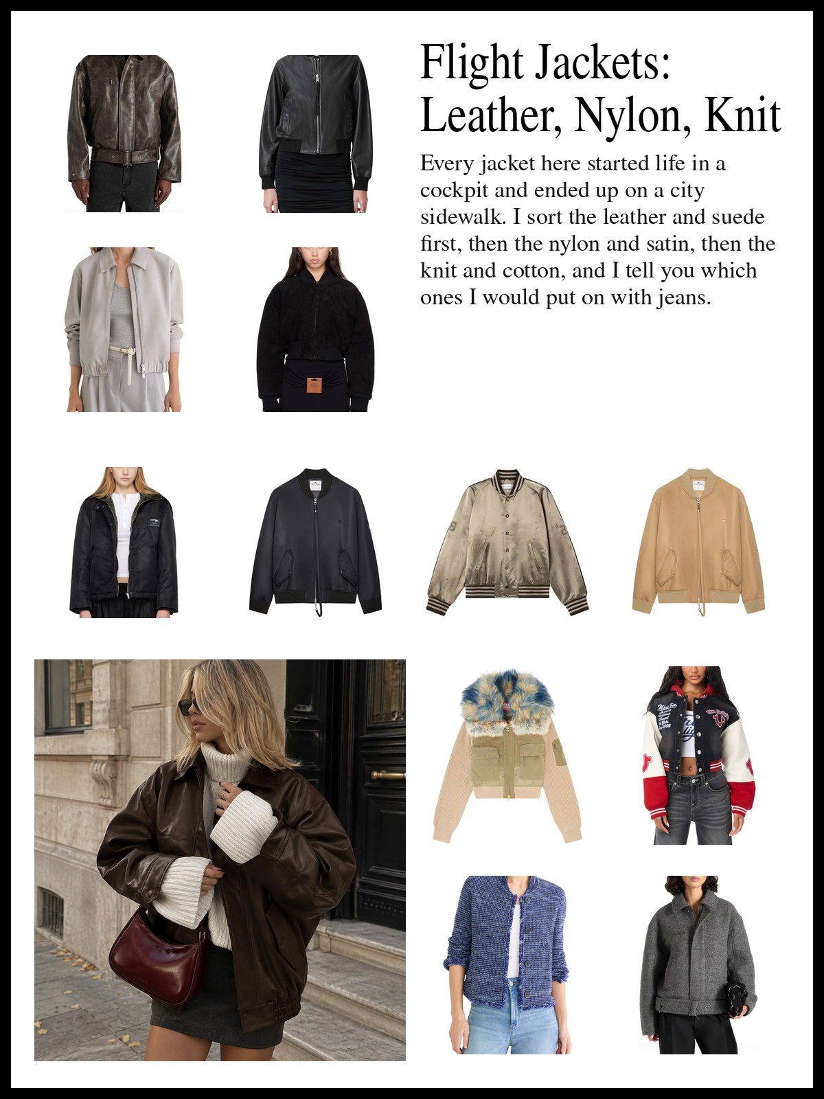 Collage of brown leather and suede flight jackets, black and green nylon and satin ones, and knit, cotton and denim versions, and a mood photo of a woman in a brown leather bomber jacket with a burgundy bag.