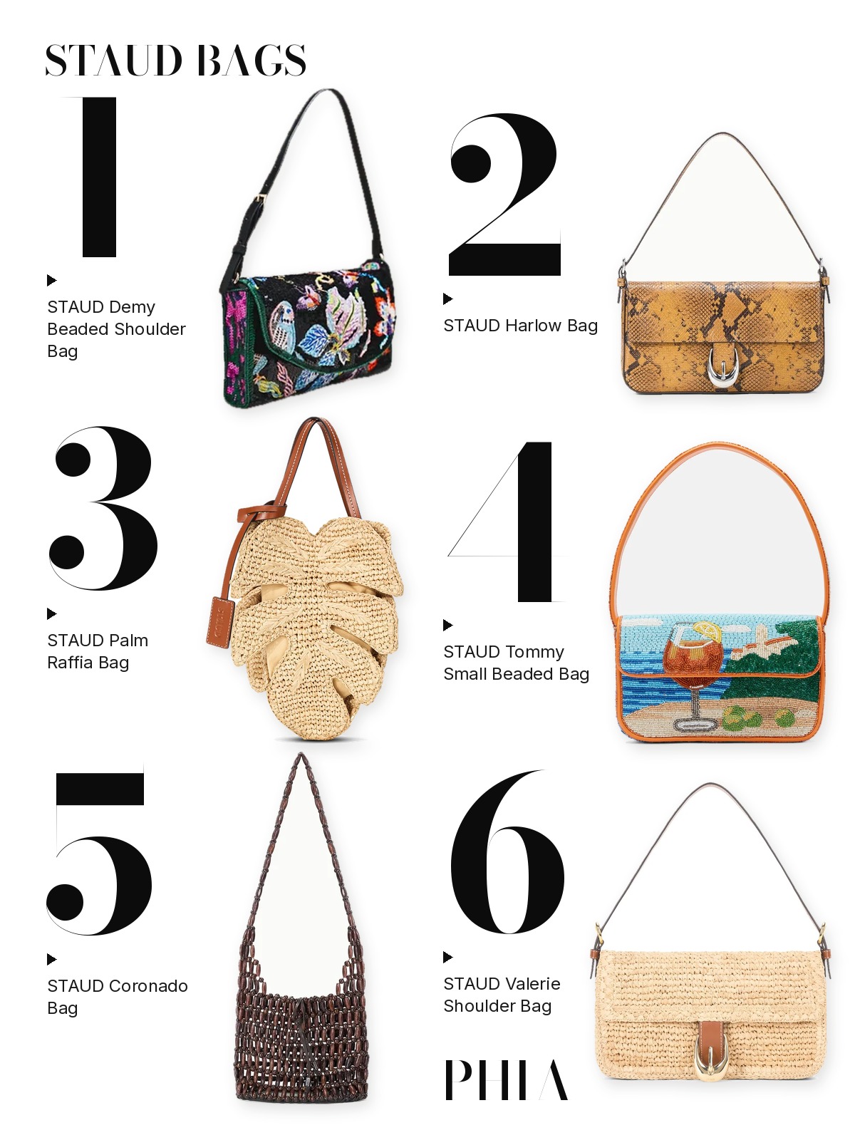 Numbered collage of six staud bags from this edit: STAUD Demy Beaded Shoulder Bag, STAUD Harlow Bag, STAUD Palm Raffia Bag, STAUD Tommy Small Beaded Bag, STAUD Coronado Bag and STAUD Valerie Shoulder Bag.