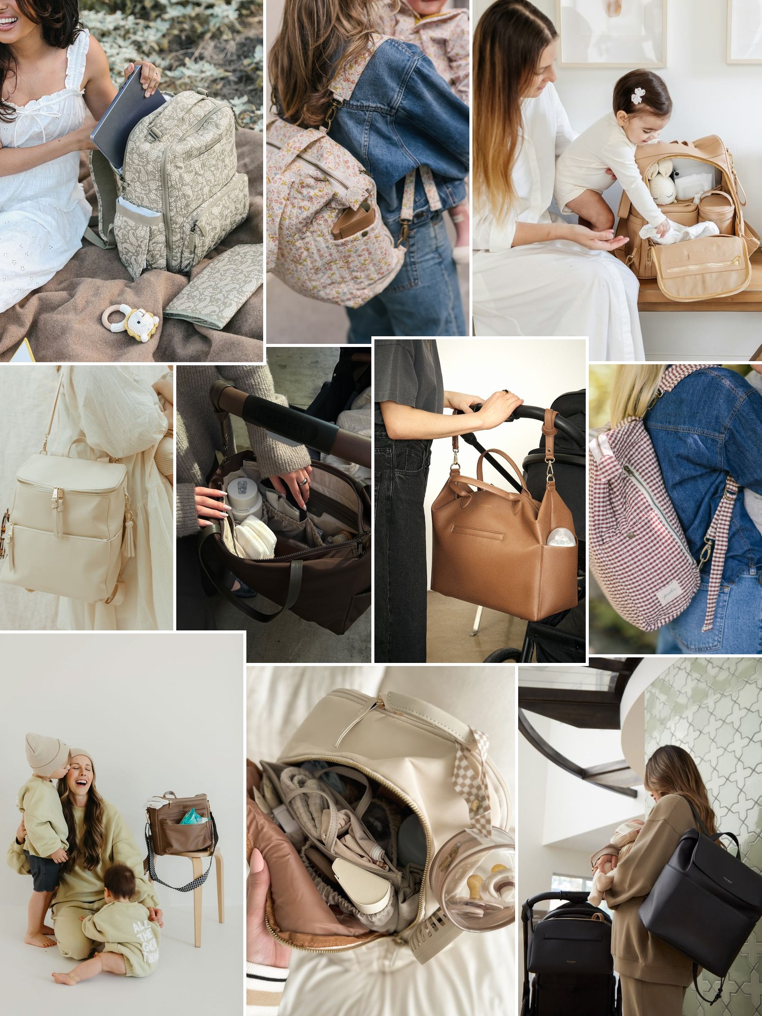 Collage of everyday outfits built around diaper bag