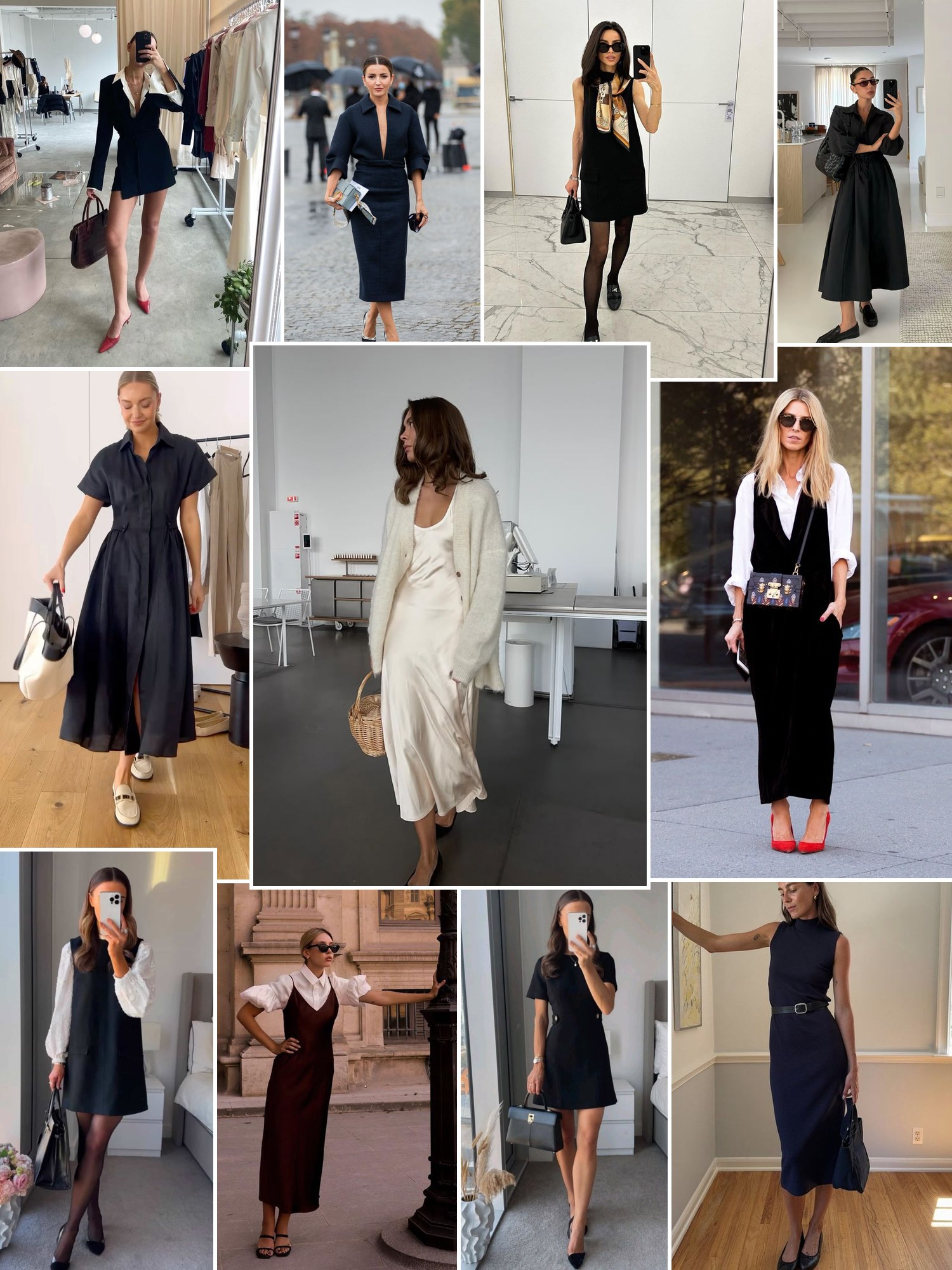 Collage of office dresses with blazers and loafers