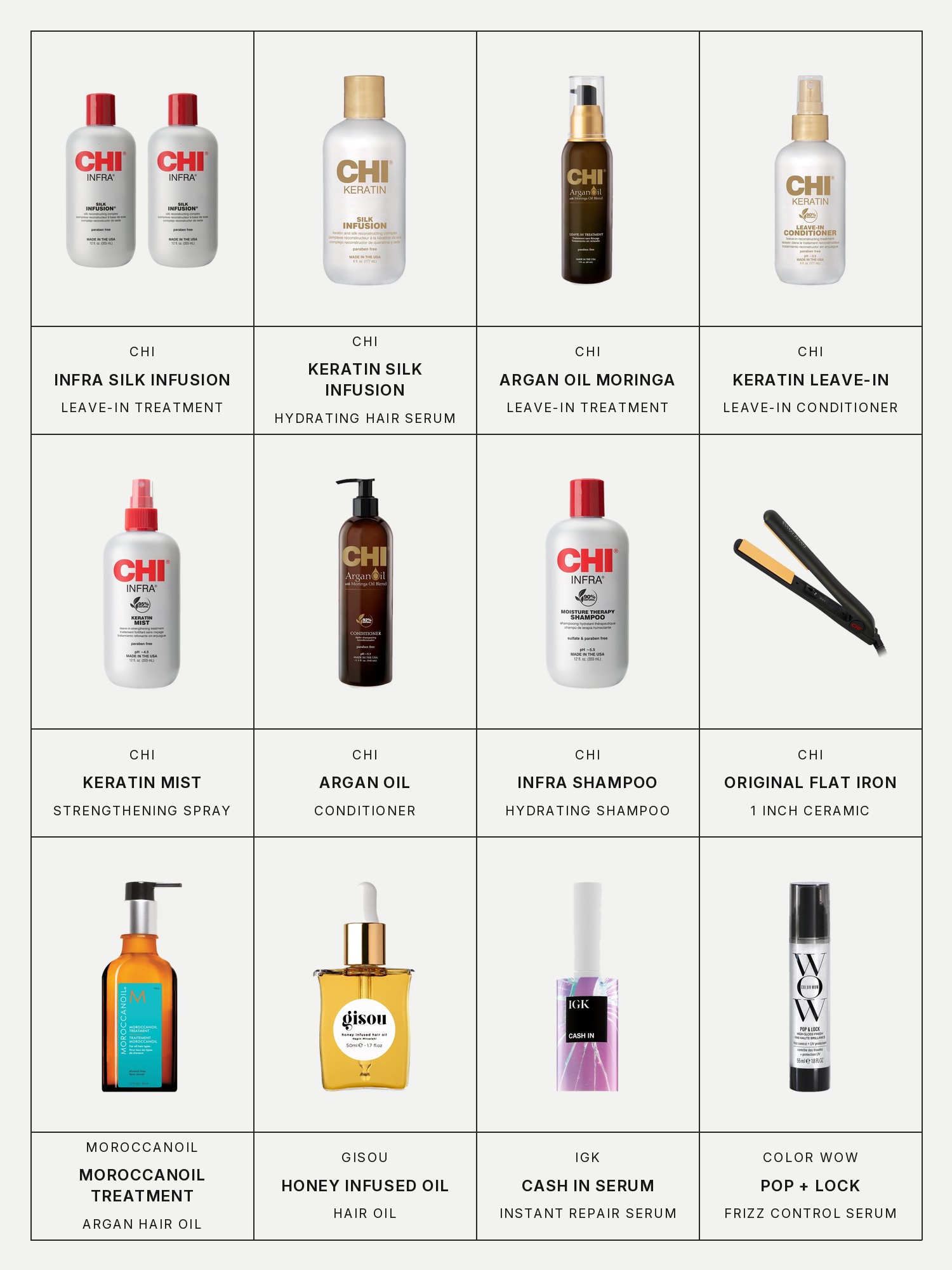 Twelve boxes on a pale gray page, one for each product in the first three grids of this edit, each with its brand and name printed below: CHI Infra Silk Infusion Leave-In Treatment, 12 oz, CHI Keratin Silk Infusion Hydrating Hair Serum, CHI Argan Oil Plus Moringa Oil Leave-In Treatment, CHI Keratin Leave-In Conditioner, CHI Keratin Mist Strengthening Hair Spray, CHI Argan Oil Conditioner, CHI Infra Shampoo, CHI Original 1" Ceramic Hair Straightener Flat Iron, Moroccanoil Treatment Hair Oil, Gisou Honey Infused Hair Oil, IGK Cash In Instant Repair Multitasking Hair Serum and Color Wow Pop + Lock Frizz Control + Glossing Serum.