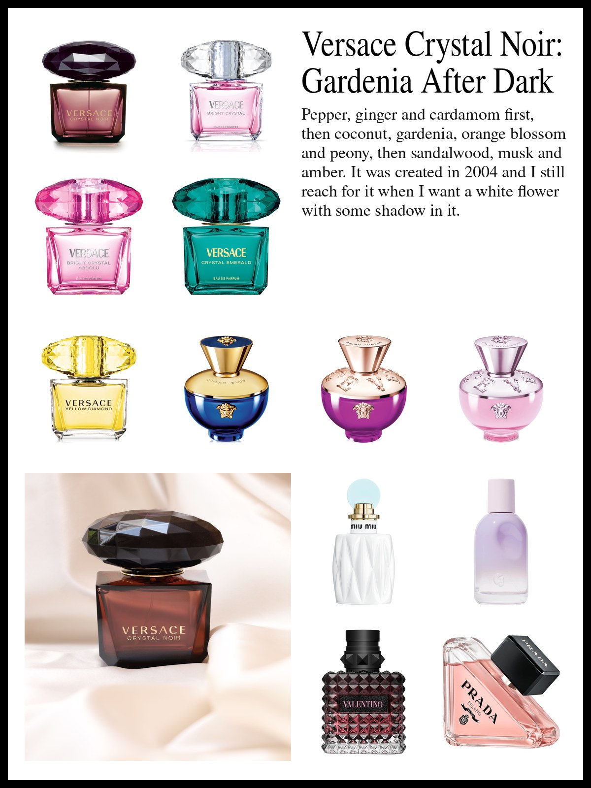 Collage of Versace Crystal Noir and Bright Crystal bottles, Dylan and Yellow Diamond perfumes and six warm perfumes from other houses beside a dark, glossy still life and a mood photo of a Crystal Noir bottle on cream silk.