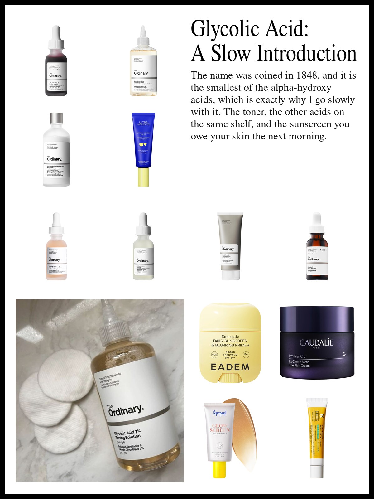 Collage of exfoliating toners, acid serums, barrier cream and sunscreens beside a mirrored photo of glossy lips above a pink lip tint tube with printed bows, lying on a mirror with its reflection below.