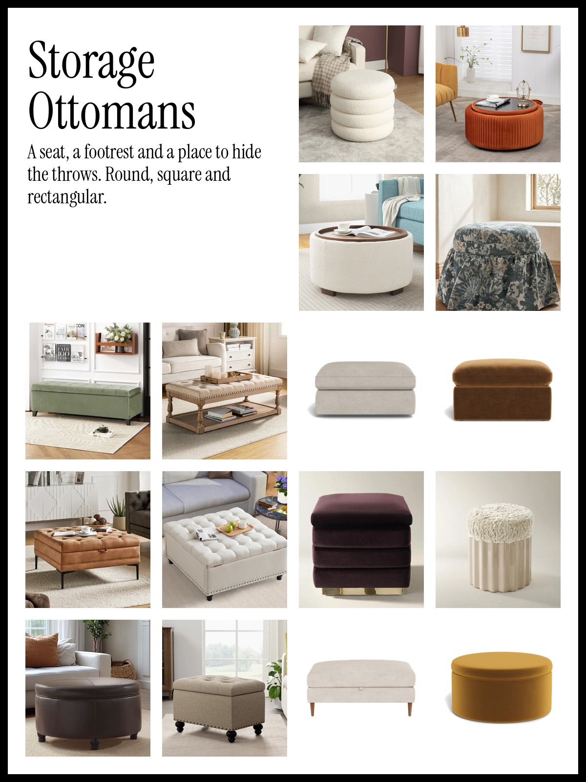 Collage of round, rectangular and square storage ottomans