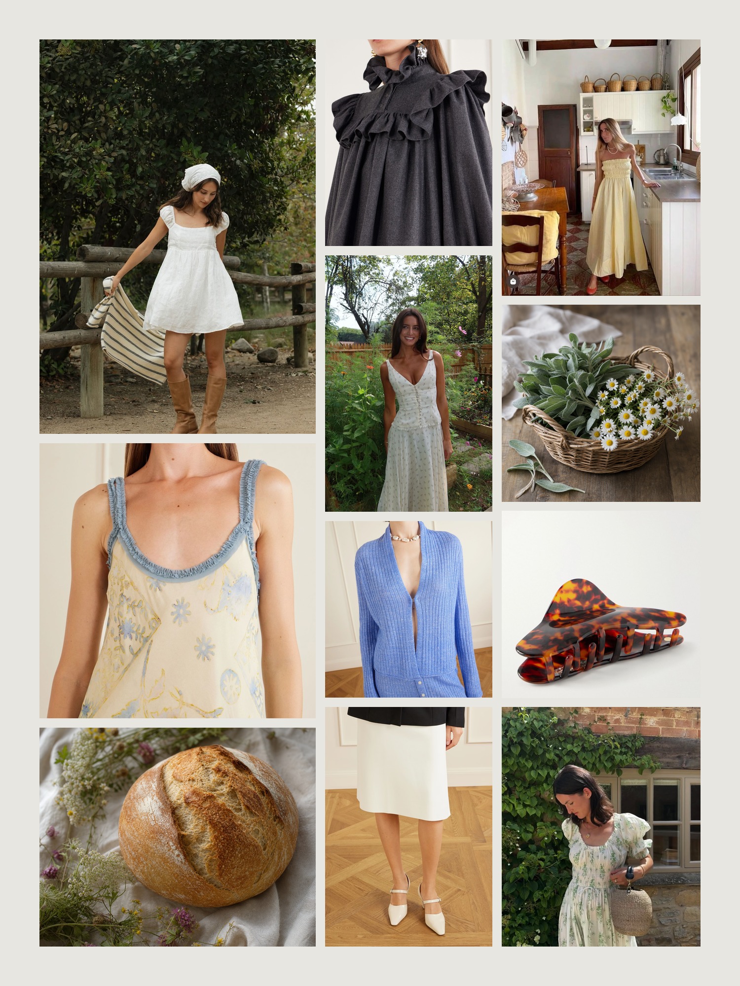 Mood board of cottagecore outfits in cream, sage and tiny florals