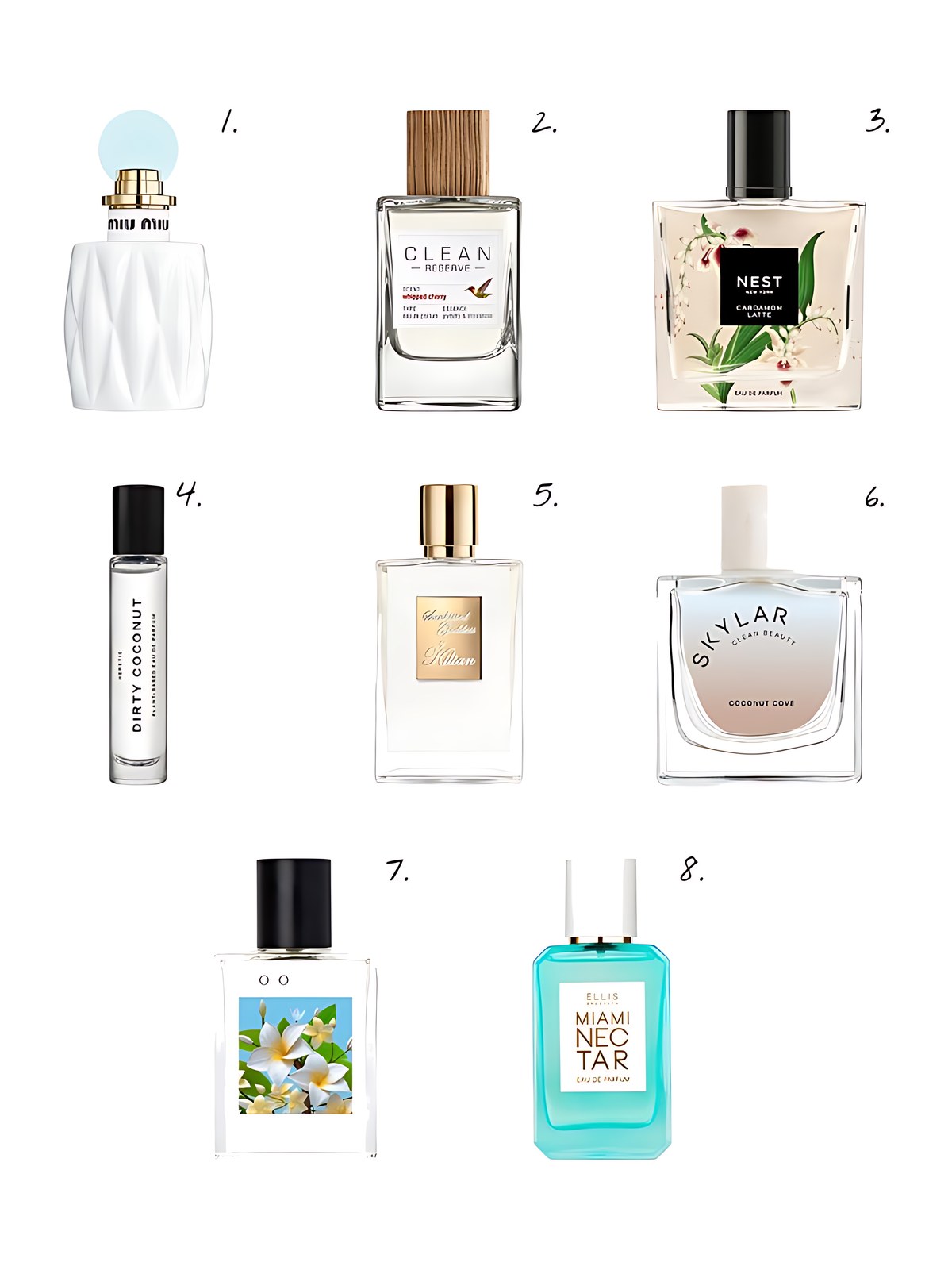 Numbered collage: 1. Miu Miu Fleur de Lait Eau de Parfum with Coconut Milk; 2. CLEAN RESERVE Whipped Cherry Eau de Parfum with Vanilla and Coconut; 3. NEST New York Cardamom Latte Eau de Parfum with Jasmine and Coconut; 4. Heretic Dirty Coconut Eau De Parfum; 5. Kilian Paris Kilian Sunkissed Goddess Refillable Perfume; 6. SKYLAR Coconut Cove Eau de Parfum; 7. The 7 Virtues Coconut Sun Eau de Parfum; 8. Ellis Brooklyn MIAMI NECTAR Eau de Parfum with Coconut and Pink Pineapple