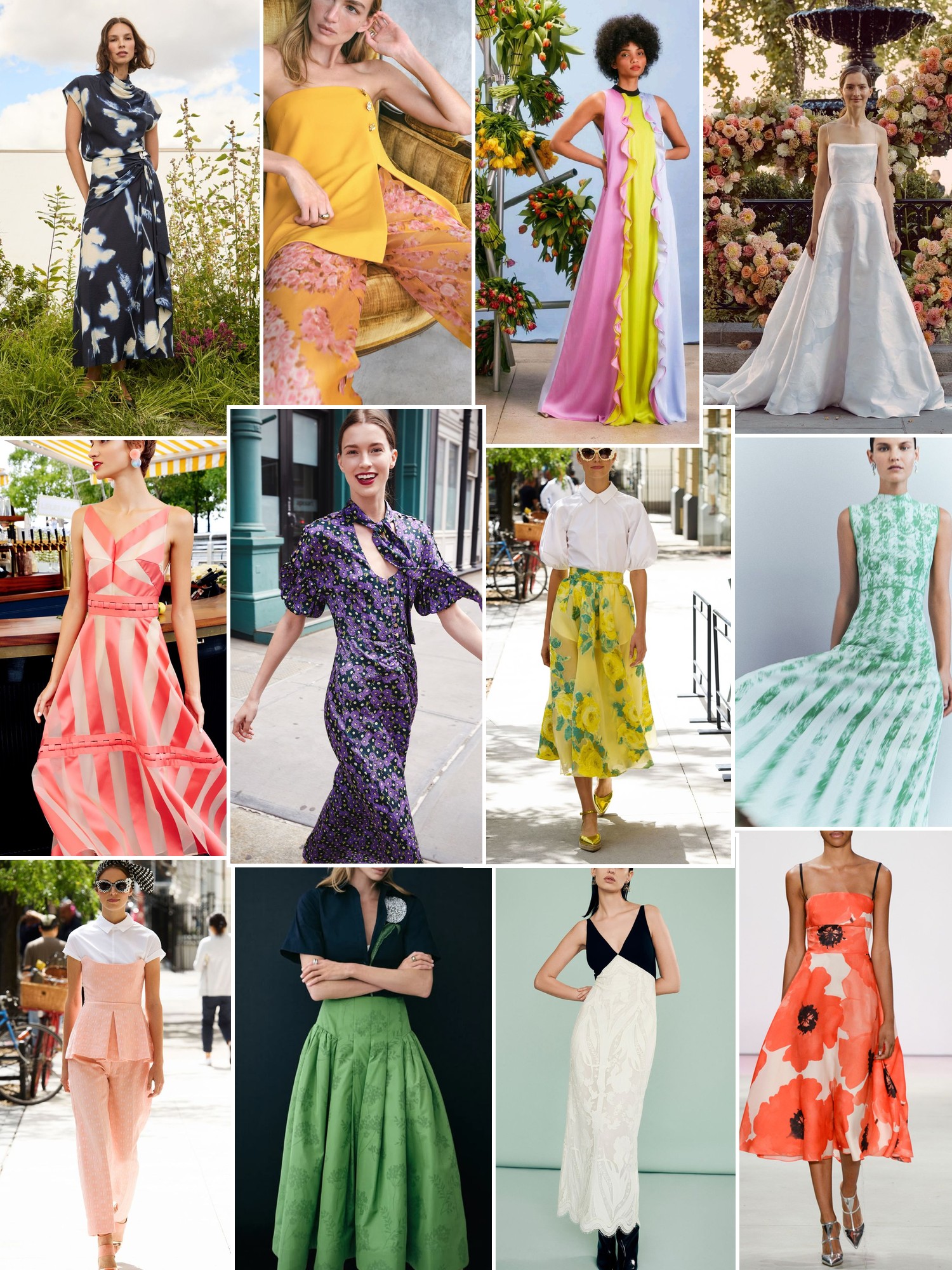 Collage of runway looks, campaign shots and street style outfits that capture the Lela Rose mood