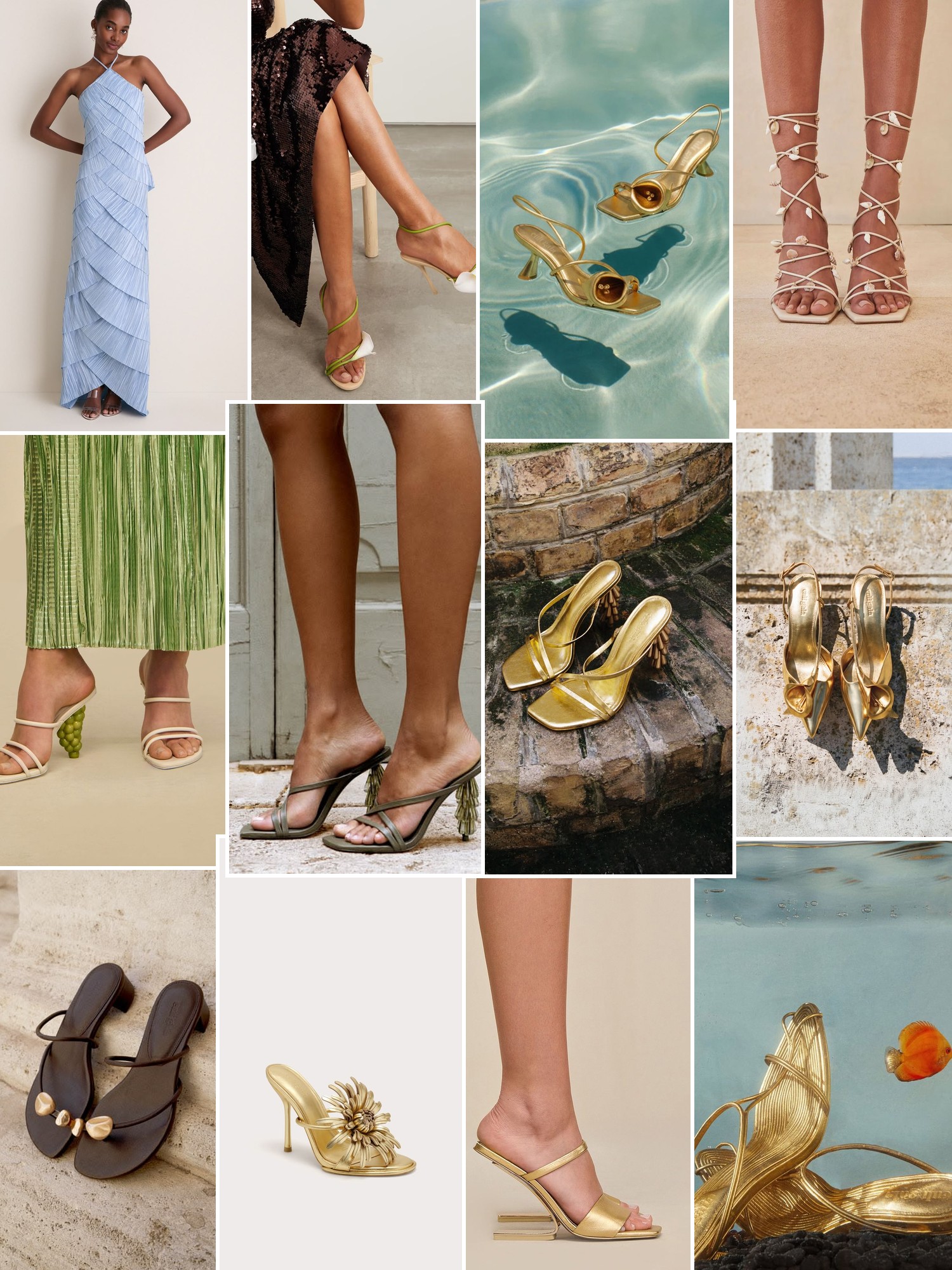 Collage of shoes styled with city, runway and evening outfits that capture the Cult Gaia mood