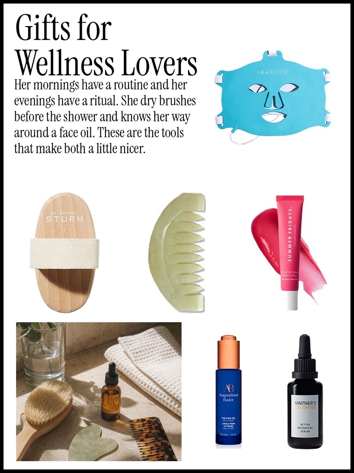 Collage of gifts for wellness lovers: LED masks, wide tooth combs, dry brushes, face oils, lip balm and toothbrushes