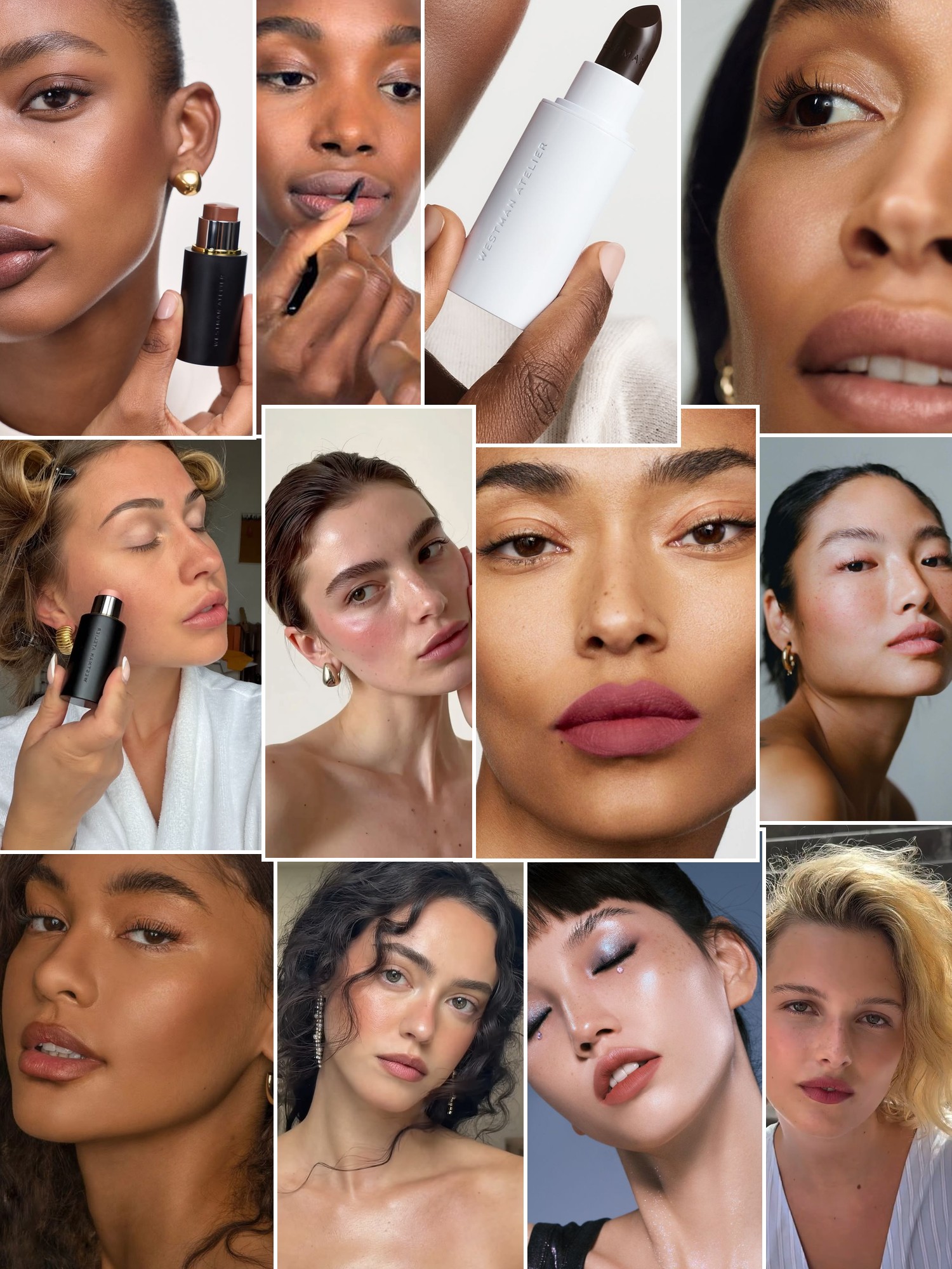 Collage of understated beauty portraits with fresh skin, soft color, and close up makeup details