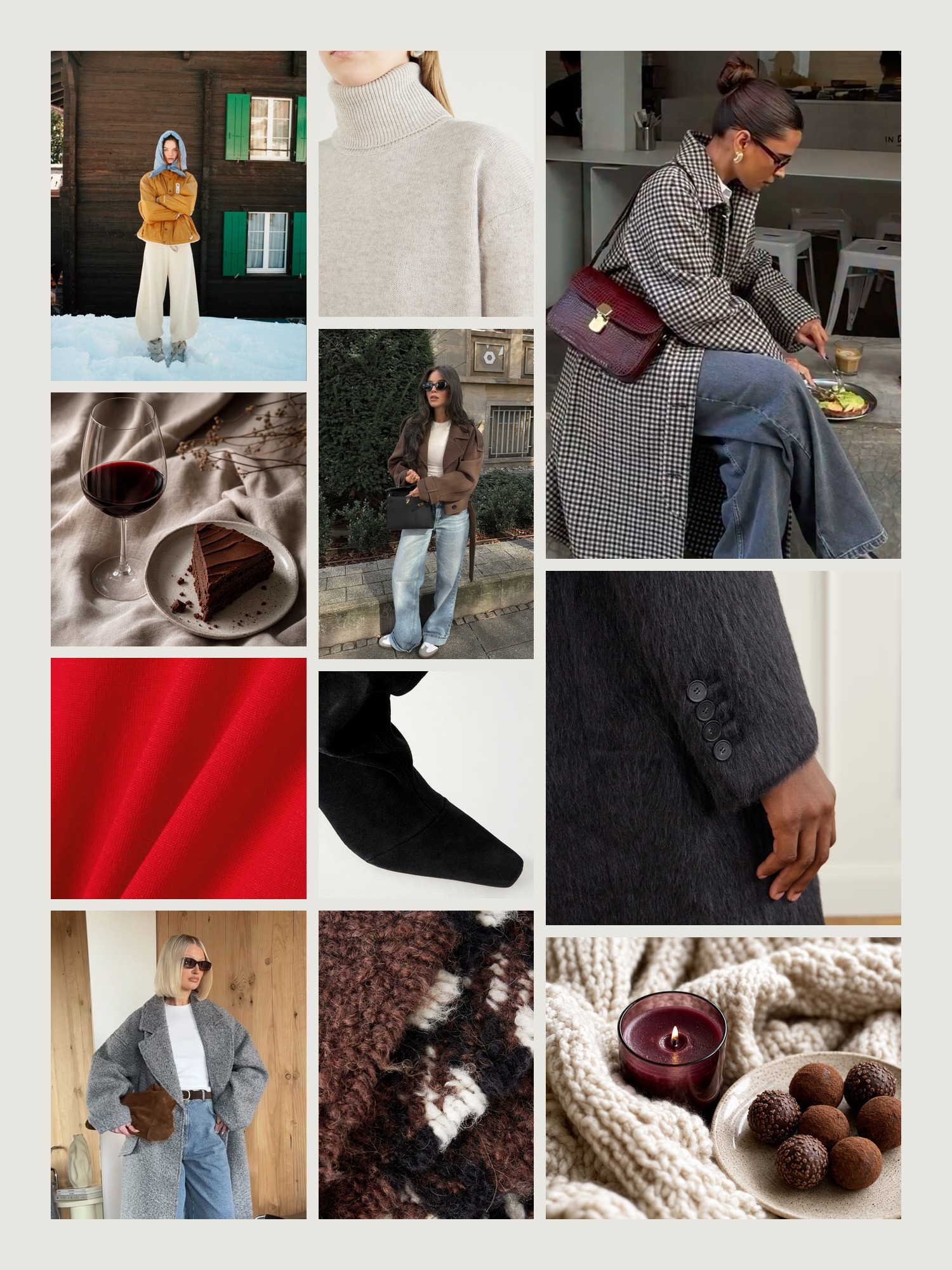 Mood board of winter outfits in cream, chocolate and burgundy