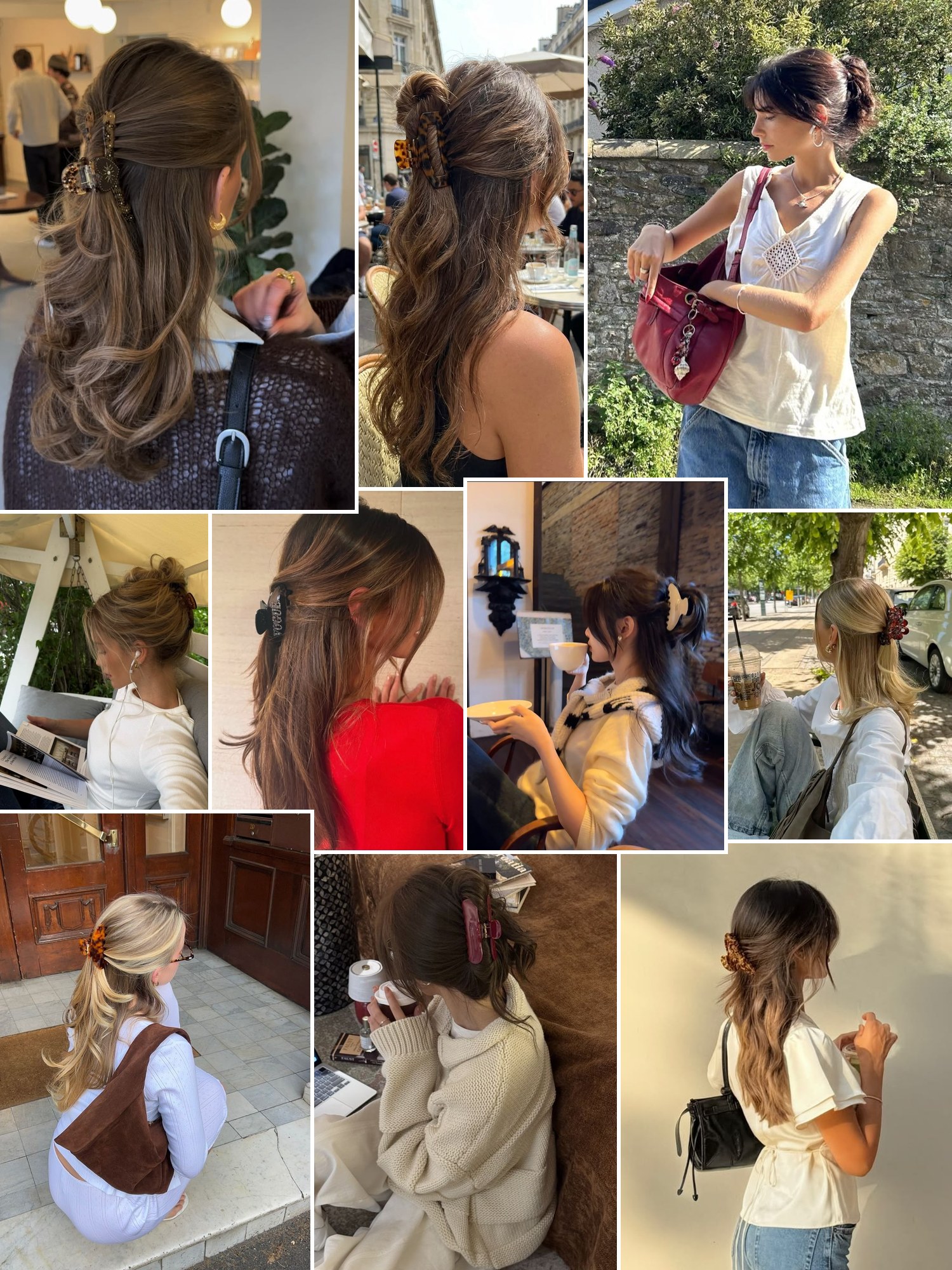 Collage of everyday outfits built around Hair claw