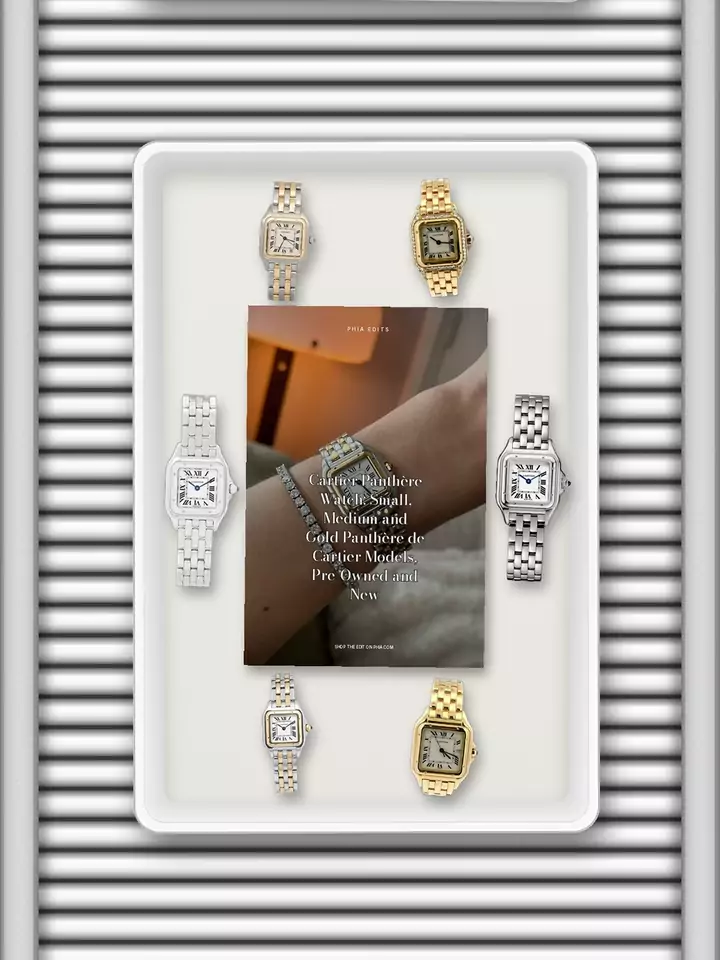 Animated airport trays on a conveyor, each holding a Phia edit cover and its products: Cartier Panthère Watch, Coin Necklace, Tom Ford Sunglasses Guide, Pandora Bracelets, Rings in 14k and 18k Gold, Sterling Silver, Signets and Stacks, Paperclip Necklace, The Hardware Bangle