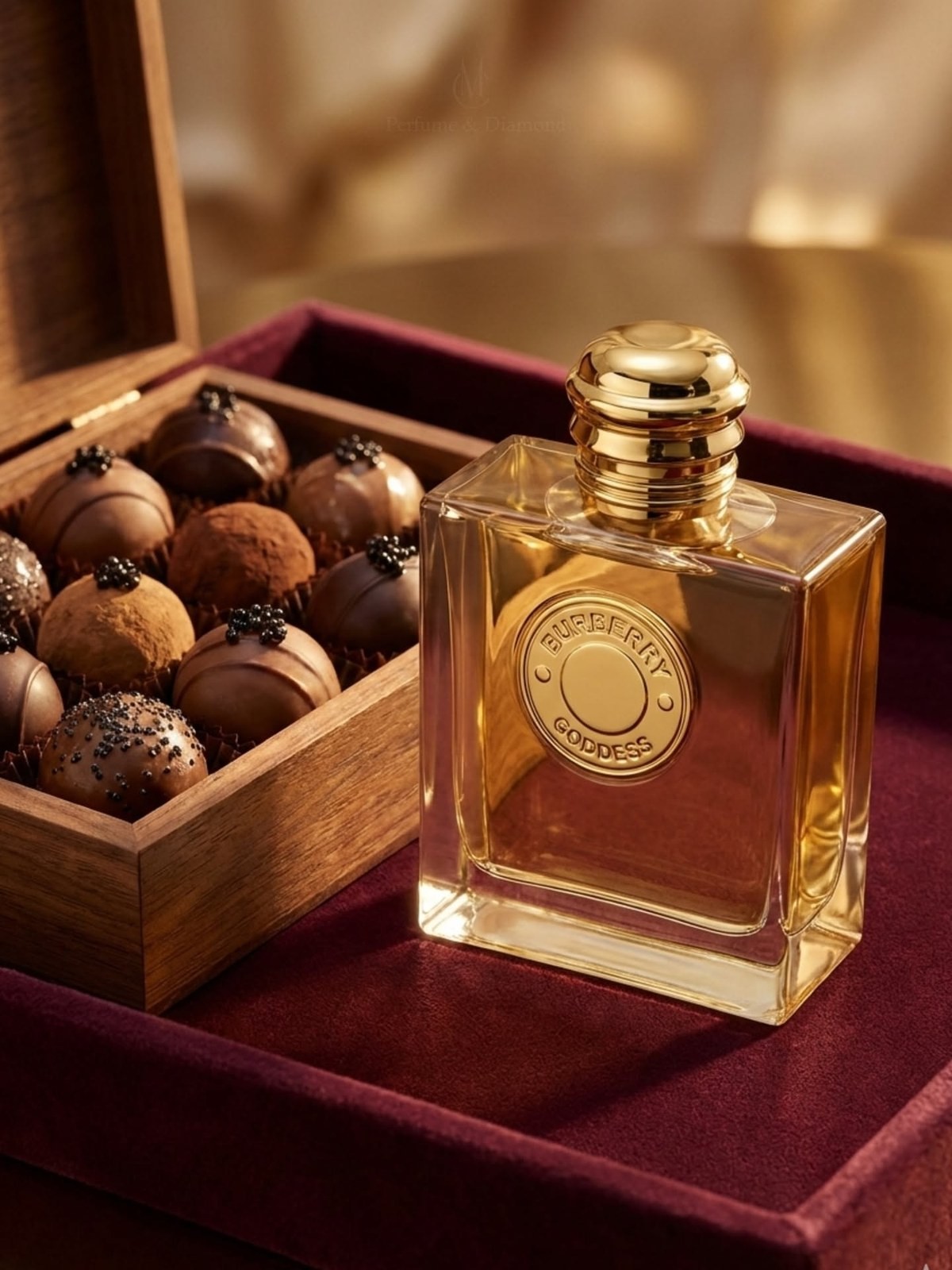 Burberry Goddess bottle beside an open box of chocolate truffles on dark velvet