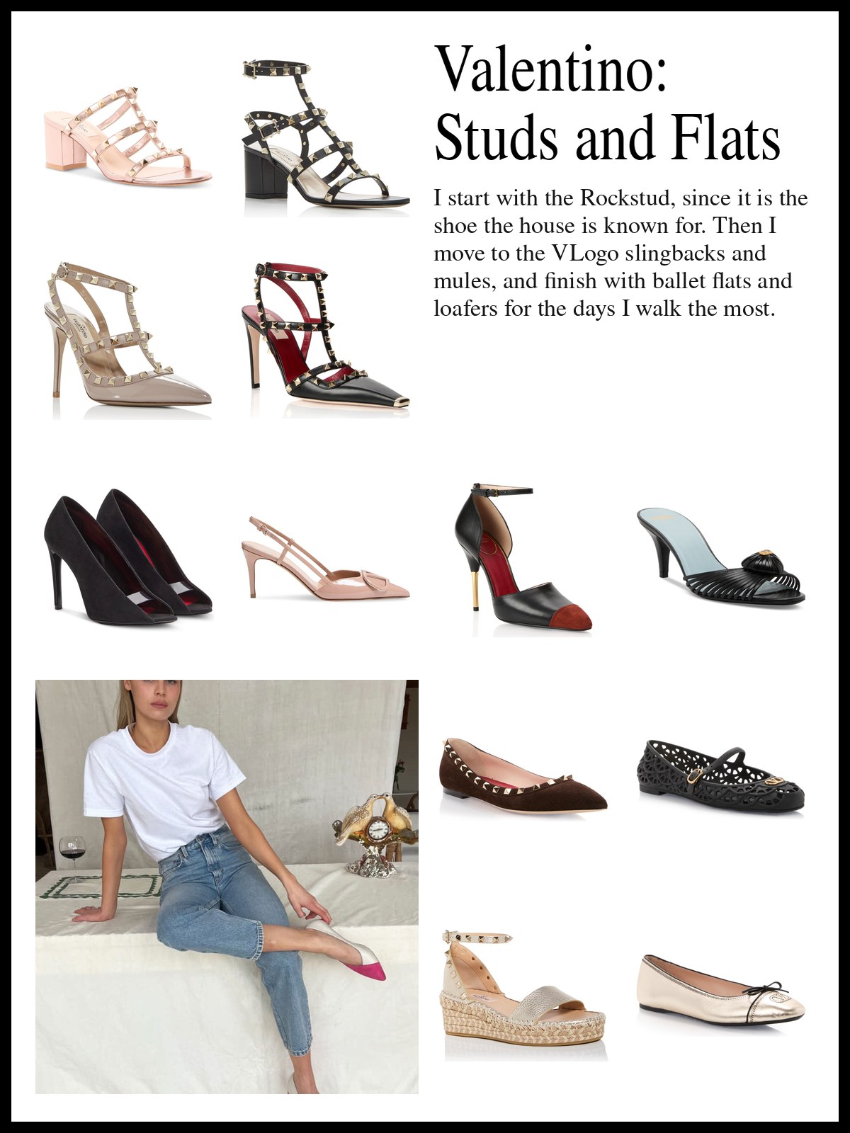 Collage of Rockstud pumps and espadrille wedges, VLogo slingbacks, slides and mules, and ballet flats and loafers, and a mood photo of a white tee, straight jeans and pink pointed heels.