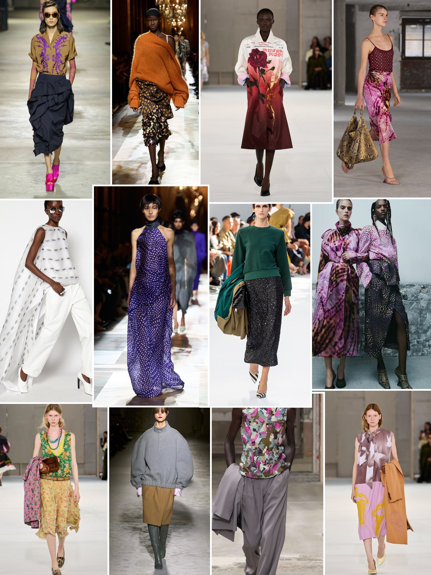 Collage of runway looks, campaign shots and street style outfits that capture the Dries Van Noten mood