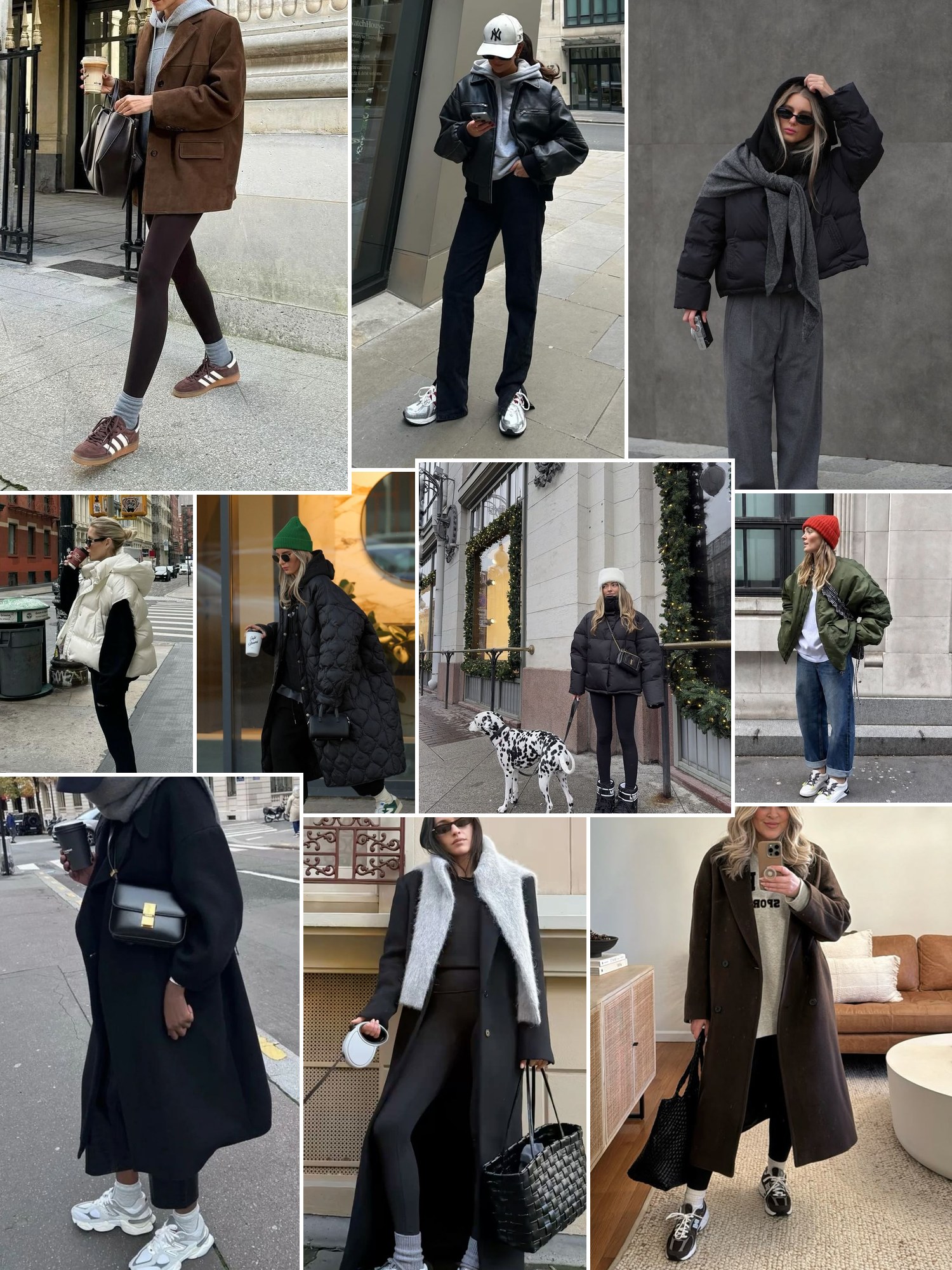 Collage of winter sneakers with puffer coats