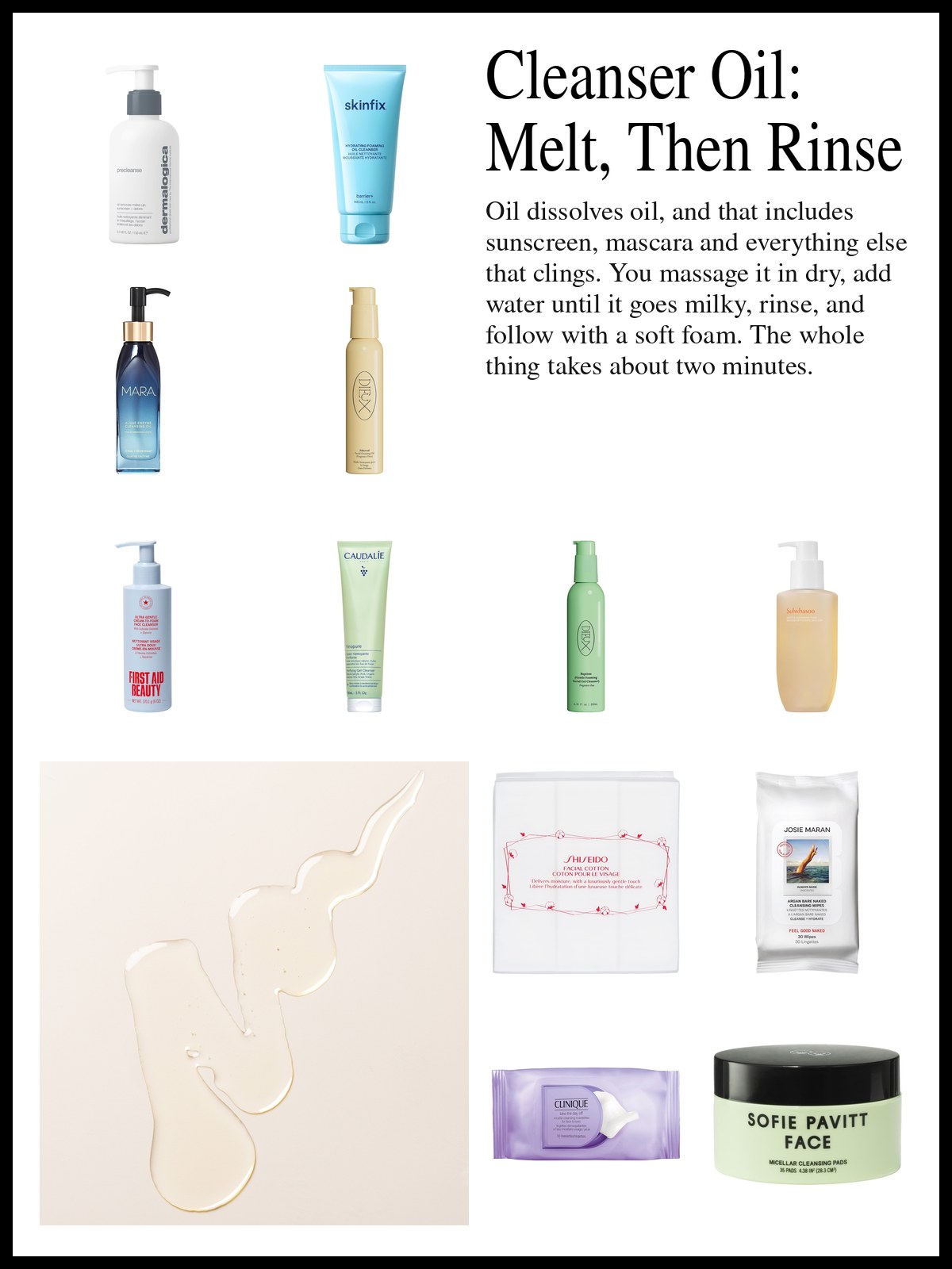 Collage of cleansing oils, foaming face washes, cotton rounds and makeup remover wipes beside a mood photo of a clear swipe of cleansing oil.