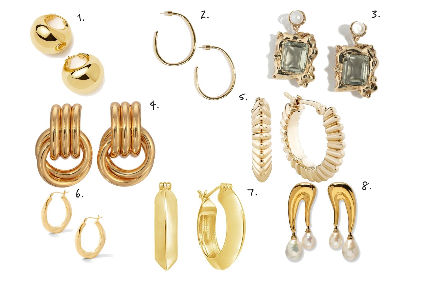 Numbered collage: 1. Missoma Sculptural Chubby Dome Medium Hoops; 2. Dinosaur Designs Medium Pebble Hoop Earrings; 3. FarisFaris Cornice Drops; 4. Heaven Mayhem Double Knot Earrings; 5. Ariel Gordon Ridged Knife Edge Helium Hoops; 6. Brinker + Eliza 14K Lolita Hoops; 7. Sierra Winter Mile High Hoops; 8. Lizzie Fortunato Sculptura Earrings