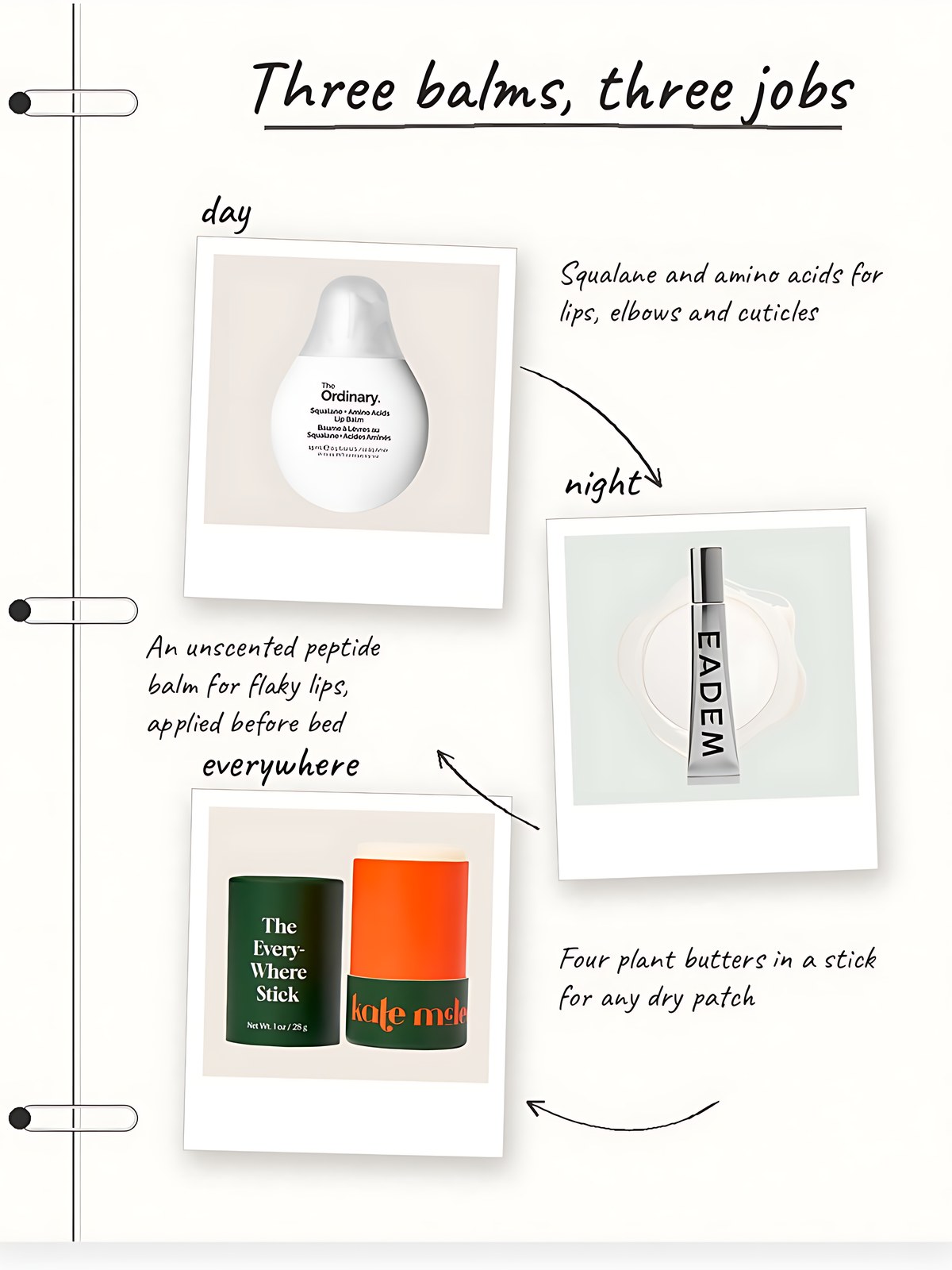 Notebook collage showing The Ordinary Squalane + Amino Acids Hydrating Lip Balm, EADEM Le Chouchou Peptide Lip Balm and Kate McLeod The Everywhere Stick for day, night and everywhere