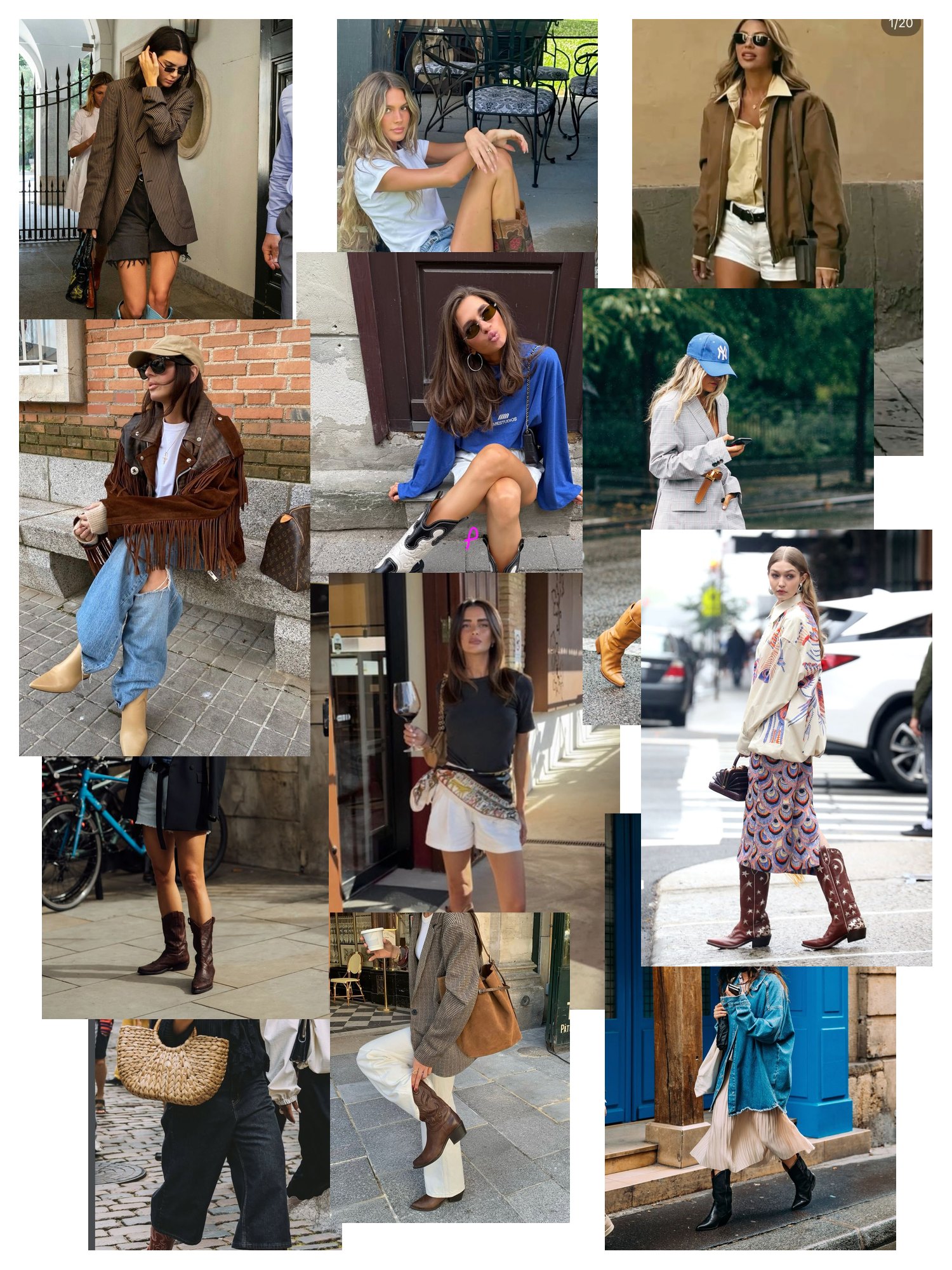Street-style collage of 12 outfit photos featuring western boots, scattered and overlapping
