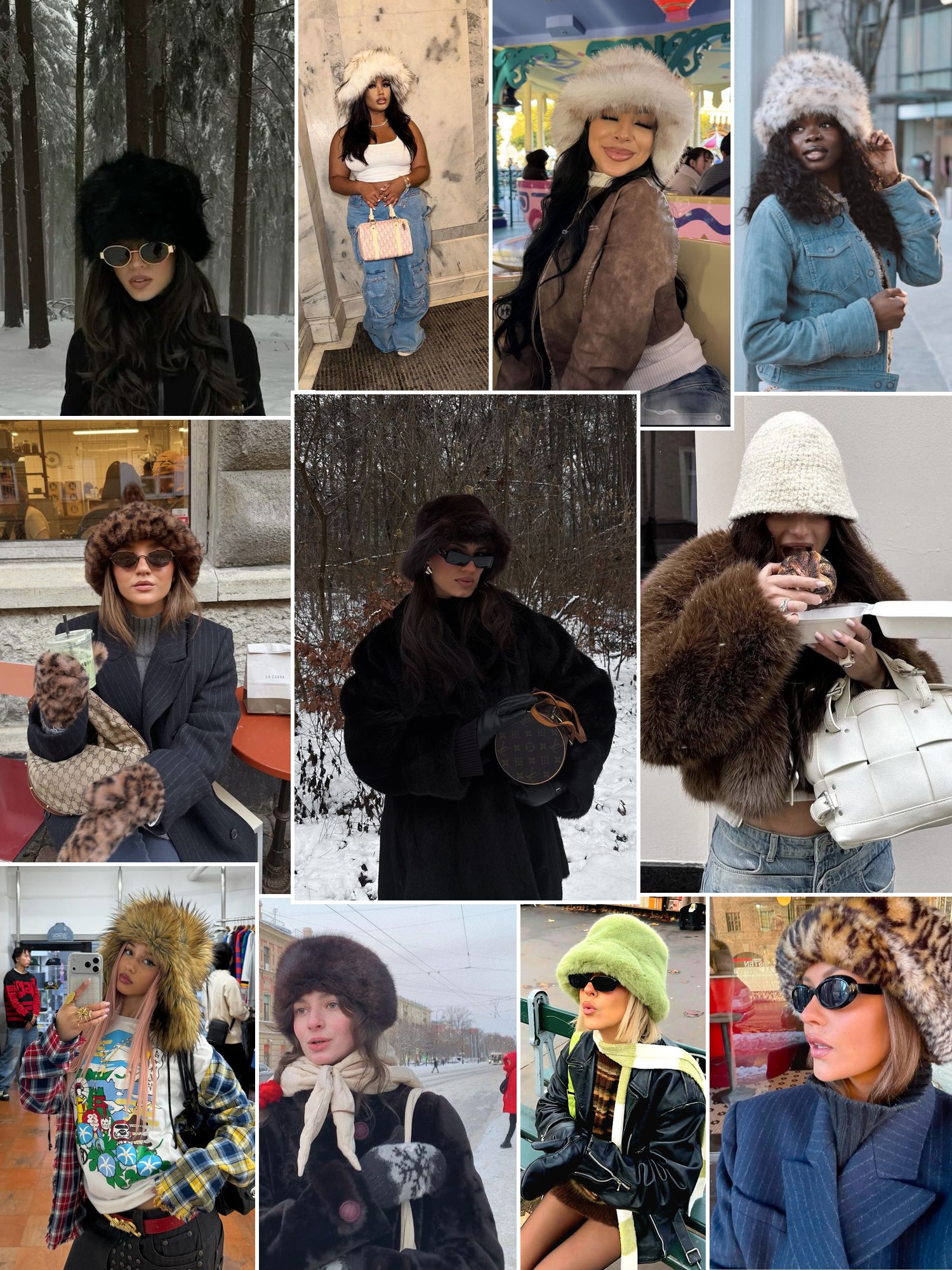Collage of faux fur hats in snowy street style